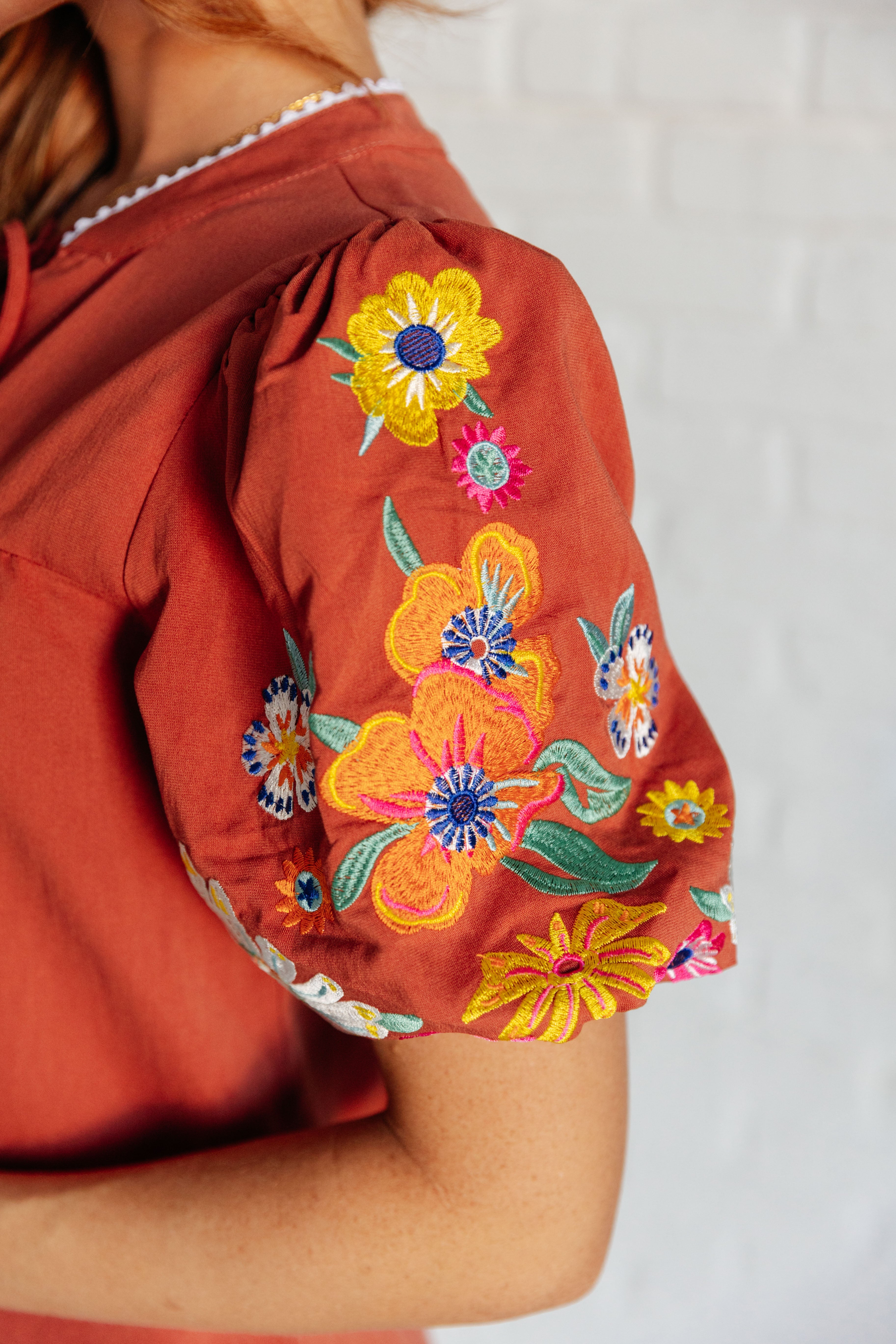Elegant Embroidered Sleeve Blouse for Women - Floral Stitched Casual Top for Spring & Summer | Perfect for Office, Date Night & Outdoor Events