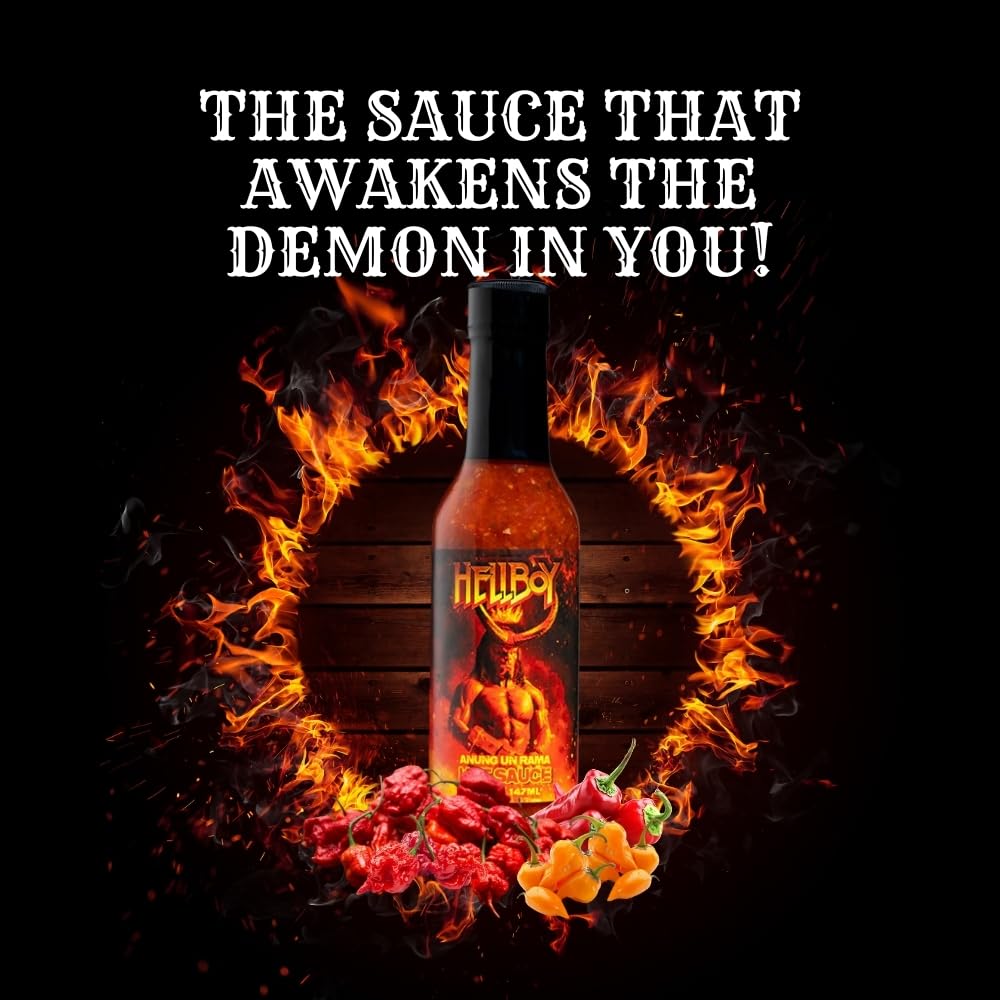 HELLBOY ANUNG UN RAMA Hot Sauce - Officially Licensed 2019 Movie Hot Sauce with Bhut Jolokia & Trinidad Scorpion Peppers | Spicy Gift for Movie Fans, Hot Sauce Lovers & BBQ Enthusiasts | Perfect for Wings, Tacos, Burgers & Hellboy Movie Nights