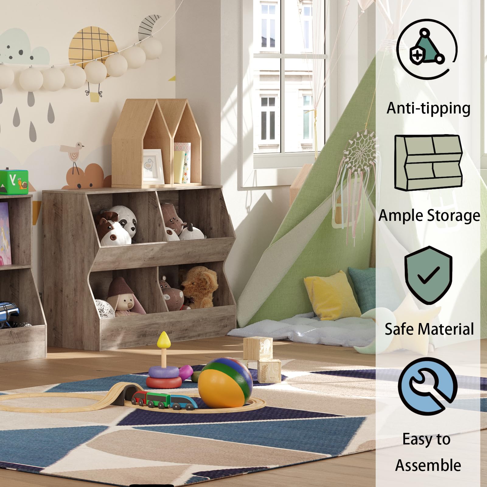 DINZI LVJ Kids Bookshelf & Toy Storage Organizer - 4-Cubby Wooden Bookcase for Children's Bedroom, Nursery, School | 39.4