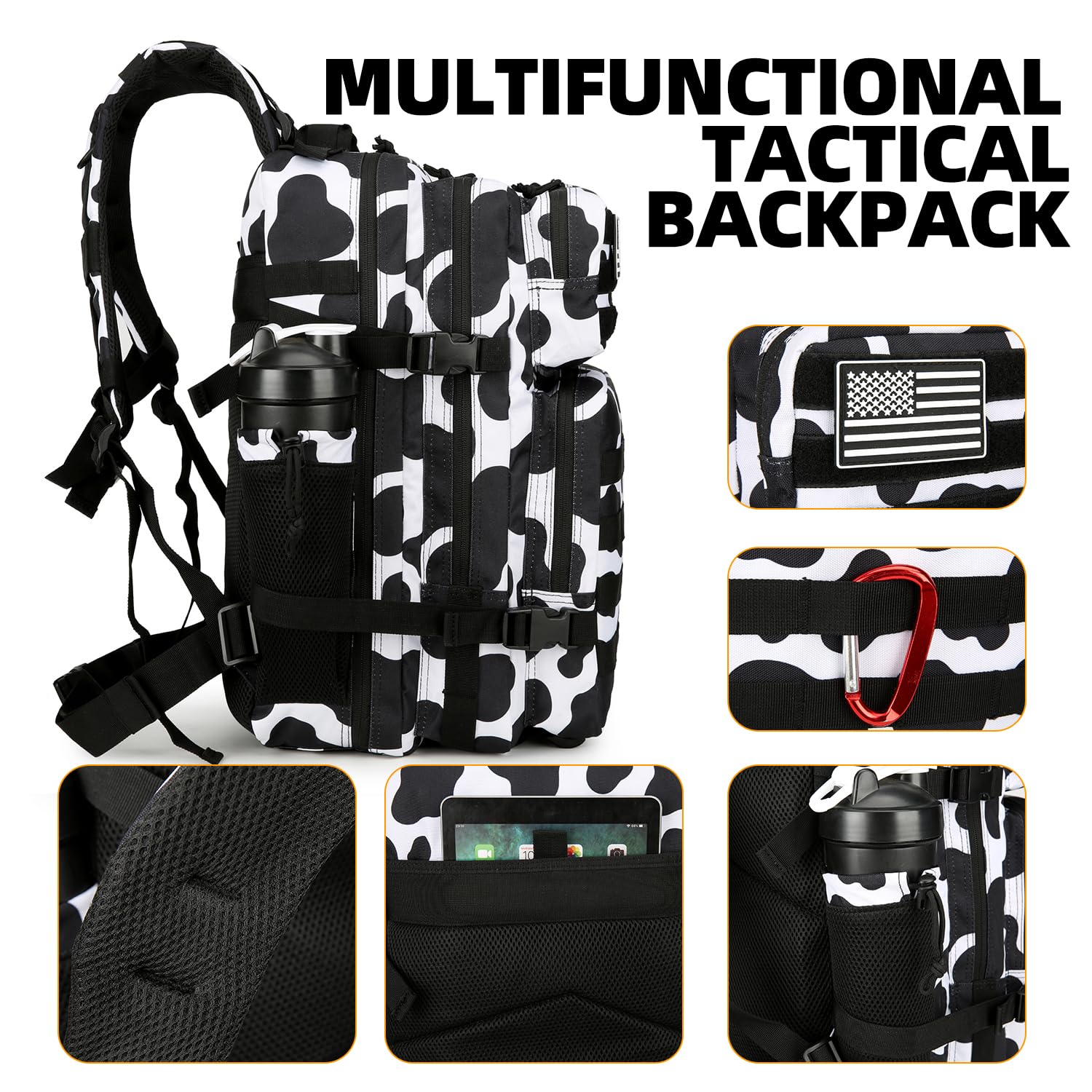 25L Tactical Backpack - Military Grade Molle Backpack for Men & Women - Small Assault Pack for Outdoor Travel, Hiking, Camping & Survival Gear - Durable Cow Print Rucksack for Adventure & Everyday Use