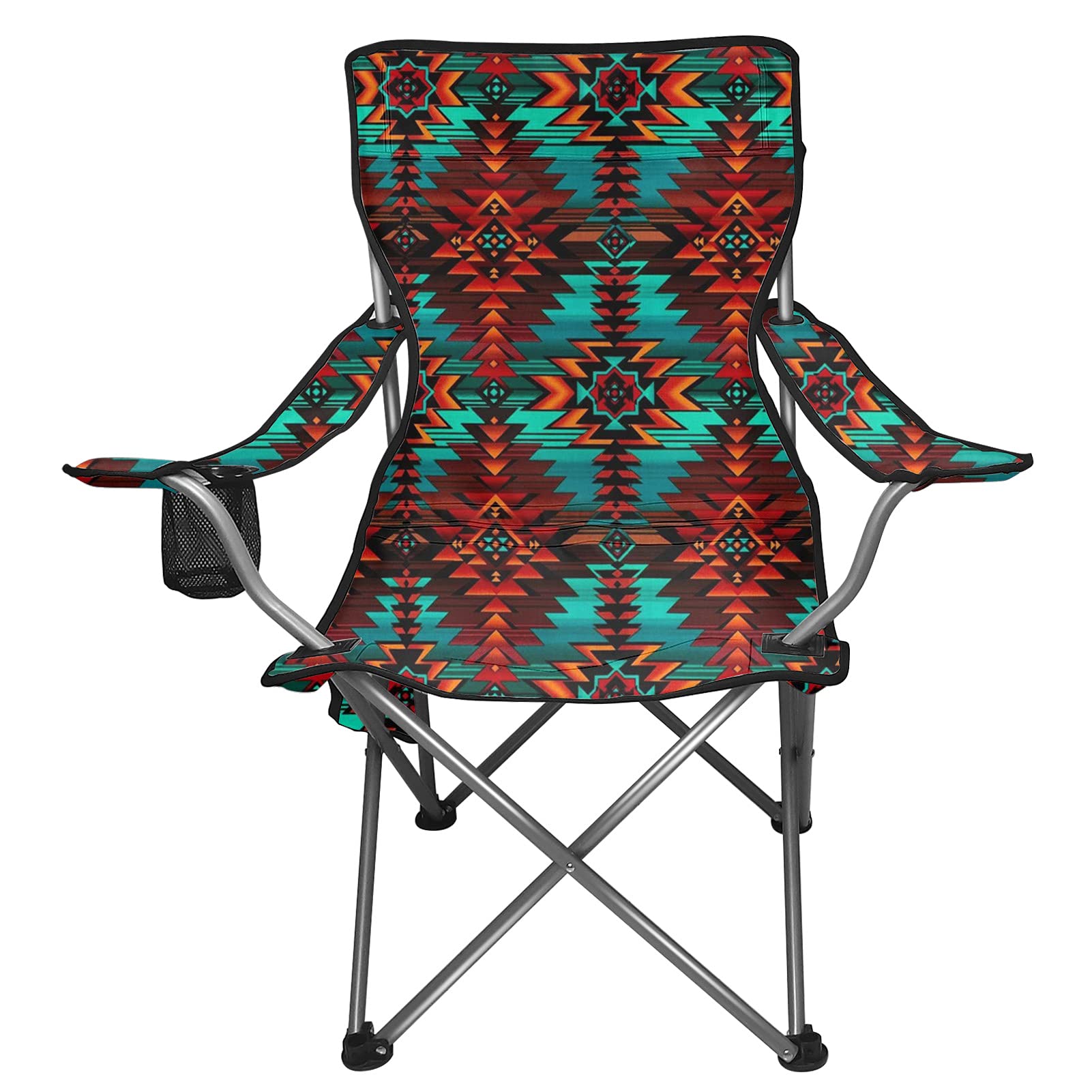 FOR U DESIGNS Heavy Duty Portable Camping Chair - Adjustable Armrests with Cup Holder & Side Pockets - Vintage Tribal Style Foldable Outdoor Chair for Adults - Turquoise & Red - Perfect for Beach, Picnic, Backyard, and Camping