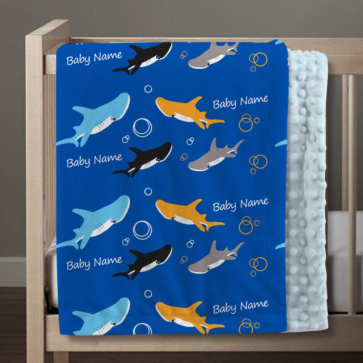 **Personalized Baby Blankets for Boys & Girls - Custom Name Shark Plush Blanket, Soft Minky Dot Fabric, 30