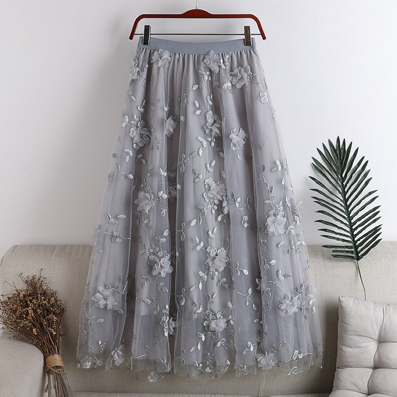 High Waist Mesh A-Line Skirt with 3D Embroidery Flowers - Flowy Midi Swing Skirt for Women - Perfect for Summer Outfits, Beach Vacations & Boho Fashion