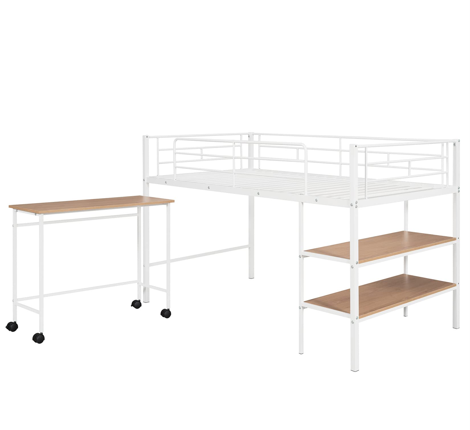 Harper & Bright Designs Low Loft Bed with Bookcase & Rolling Desk - Twin Size Metal Frame for Kids & Teens - Perfect for Small Bedrooms, Dorm Rooms & Study Spaces (White)