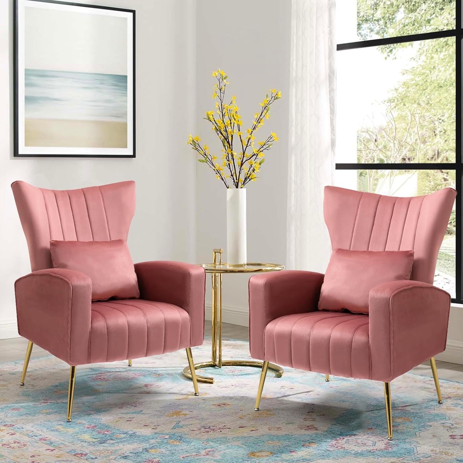 X-VOLSPORT Velvet Accent Chairs Set of 2 - Mid Century Modern High Back Living Room Chairs with Waist Pillow, Upholstered Armchairs with Gold Metal Legs for Bedroom, Club, Office & Lounge - Soft Pink Velvet Fabric for Cozy Home Decor
