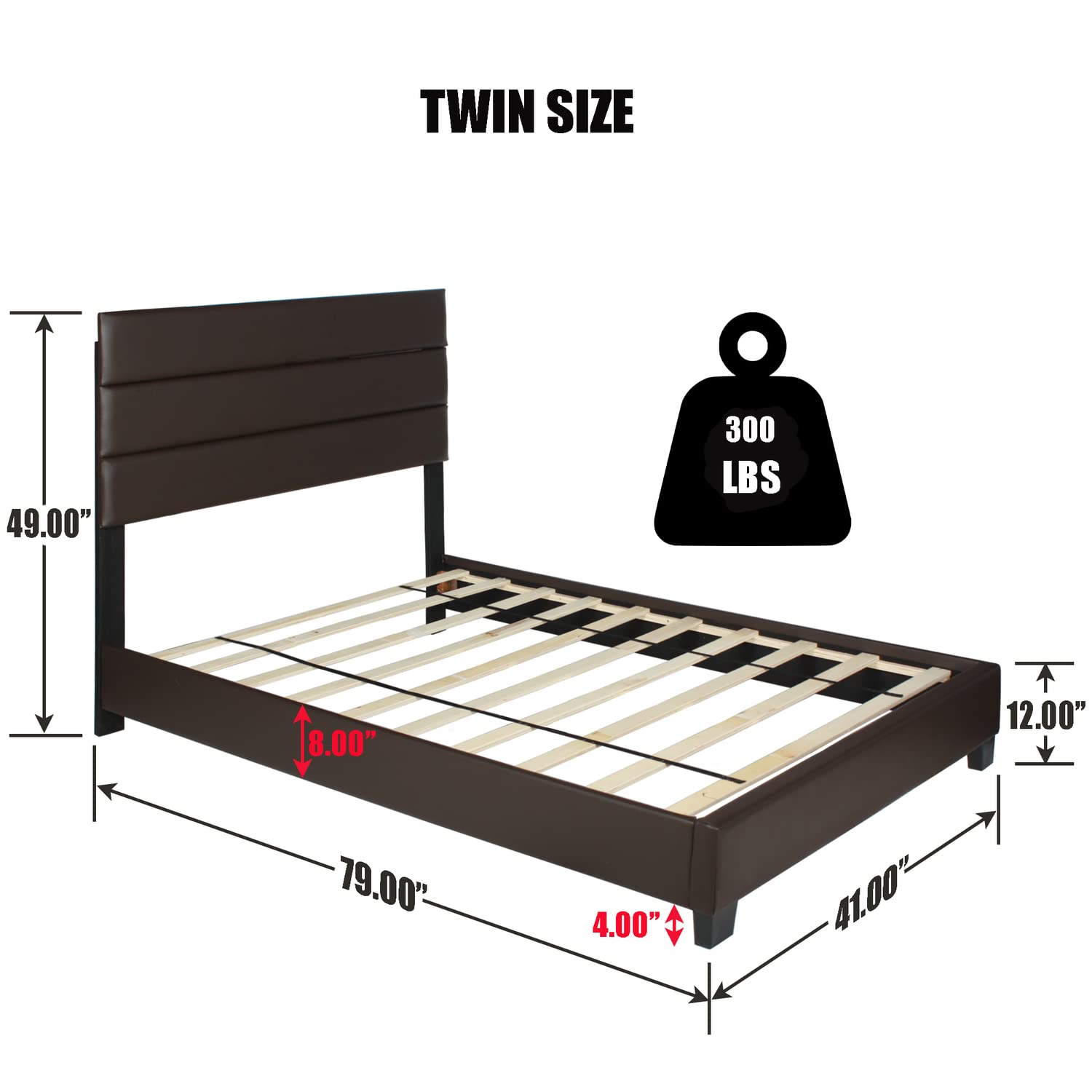 Better Home Products Napoli Faux Leather Upholstered Twin Size Platform Bed Frame in Tobacco Brown - Perfect for Small Bedrooms, Guest Rooms & Dormitories