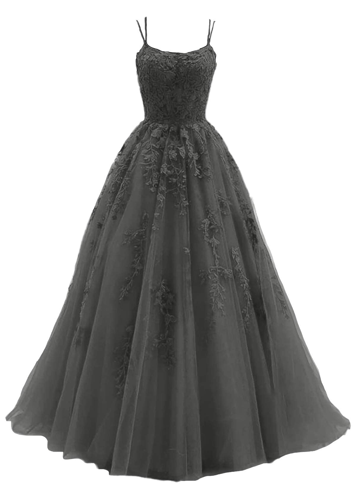 Mojing Women's Long A-Line Lace Applique Prom Dress with Spaghetti Straps & Backless Design - Elegant Formal Gown for Wedding, Party, Homecoming, and Special Occasions