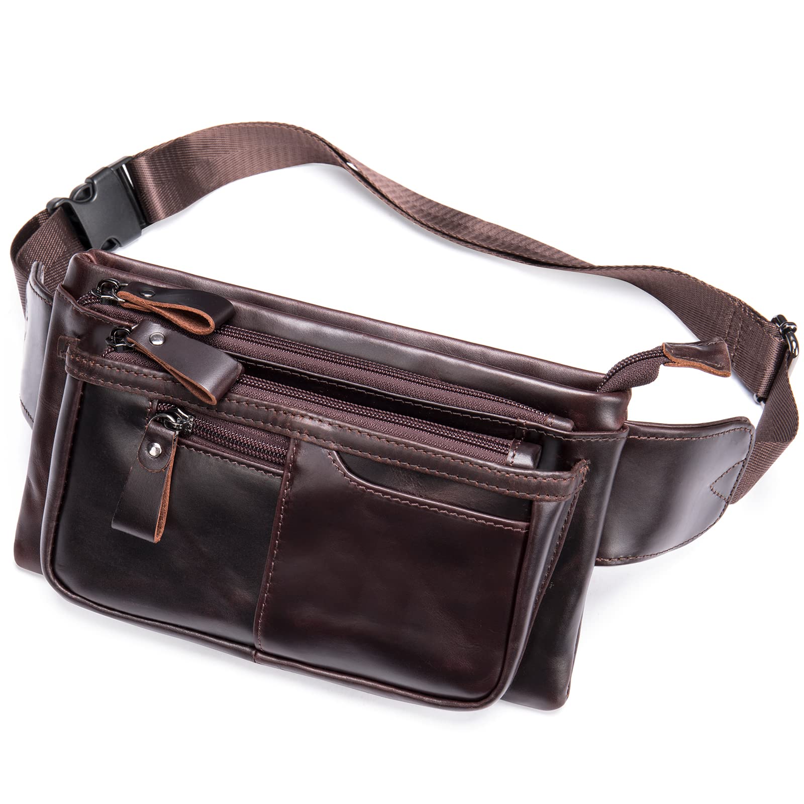 Vintage Genuine Leather Fanny Pack for Men - Adjustable Belt, 6 Pockets Slim Waist Bag (Coffee Brown) - Perfect for Travel, Hiking & Everyday Use