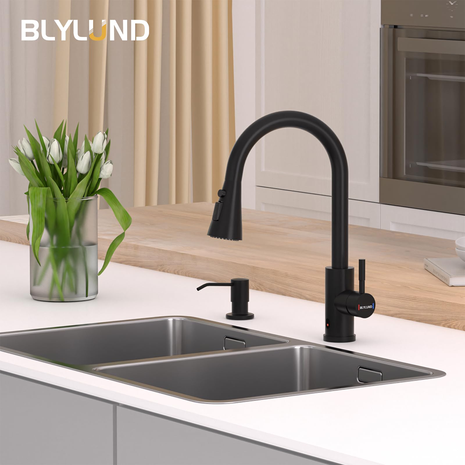 **Hands-Free Touchless Kitchen Faucet with Pull Down Sprayer & Soap Dispenser - Single Handle Sensor Faucet for 1 to 4 Hole Sinks - Stainless Steel Matte Black - Perfect for Modern & Hygienic Kitchens**