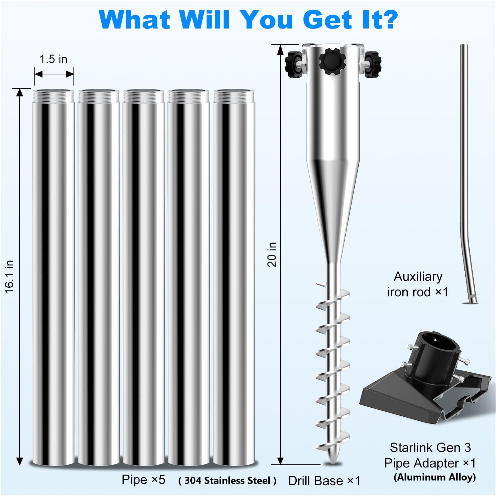 Starlink Gen 3 Pole Mount Kit - Stainless Steel Ground Mounting System with 5 Poles | No Dig Anchor & Aluminum Alloy Pipe Adapter | Perfect for Yard, Lawn & Outdoor Satellite Internet Installation