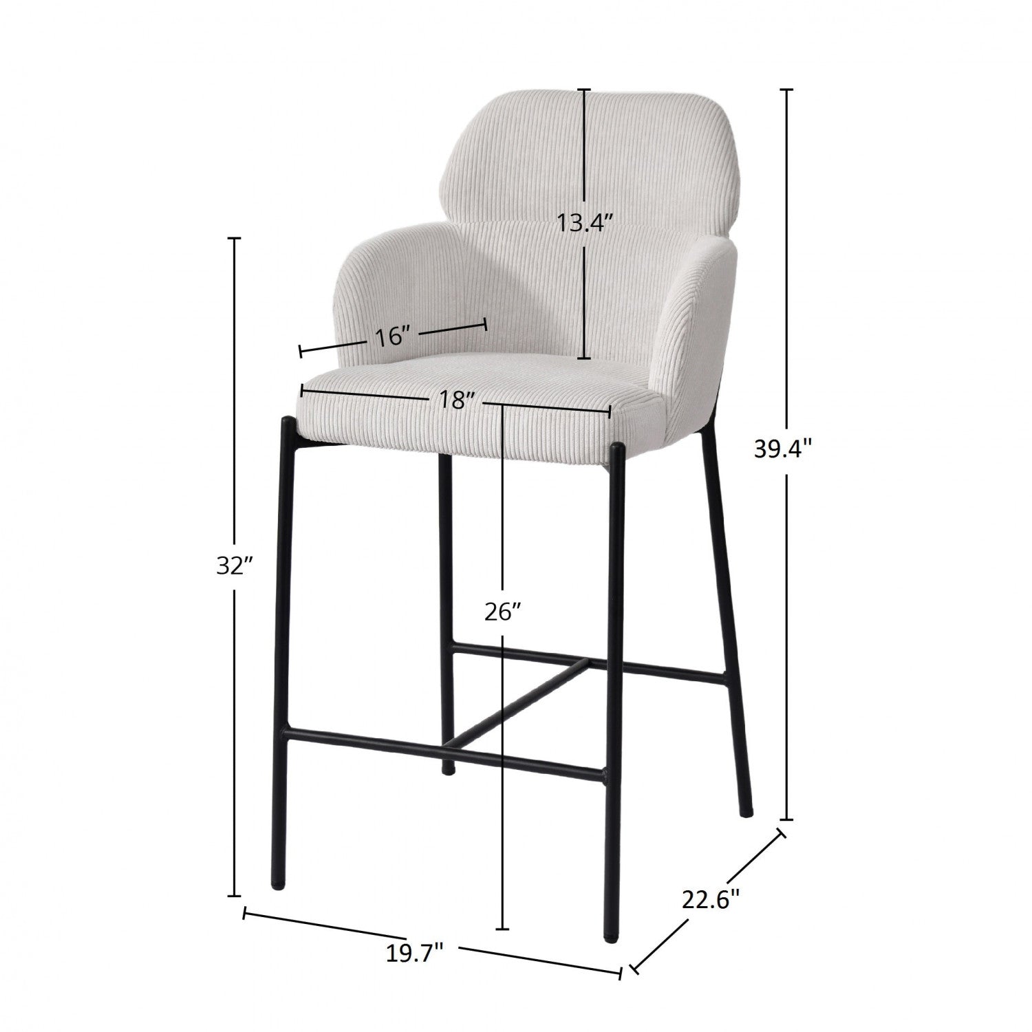 Celon Counter Stool Set of 2 - White Corduroy Upholstered Bar Stools for Kitchen Island, Breakfast Nook & Home Decor