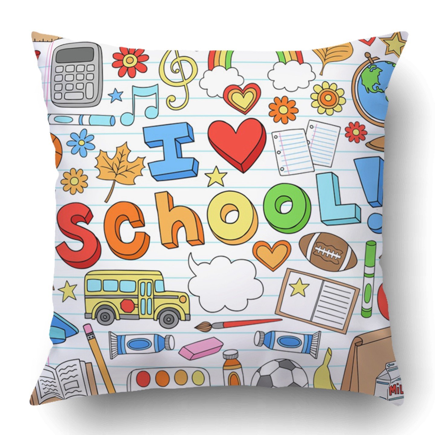 Emvency 18x18 Inch Brown Teacher Throw Pillow Cover - I Love School Doodles Design, Polyester Decorative Pillowcase with Hidden Zipper | Perfect for Classroom Decor, Teacher Appreciation Gifts & Cozy Home Decor