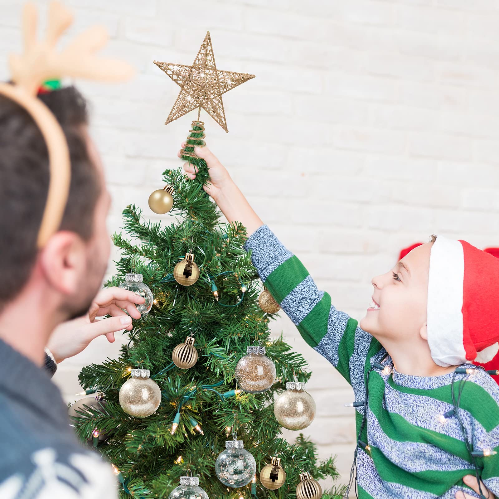 Christmas Tree Ornaments Set - 37 Pcs Champagne Gold Star Baubles & Plastic Tree Topper for Holiday Decor | Indoor & Outdoor Xmas, Birthday Party, Home, Office Decoration