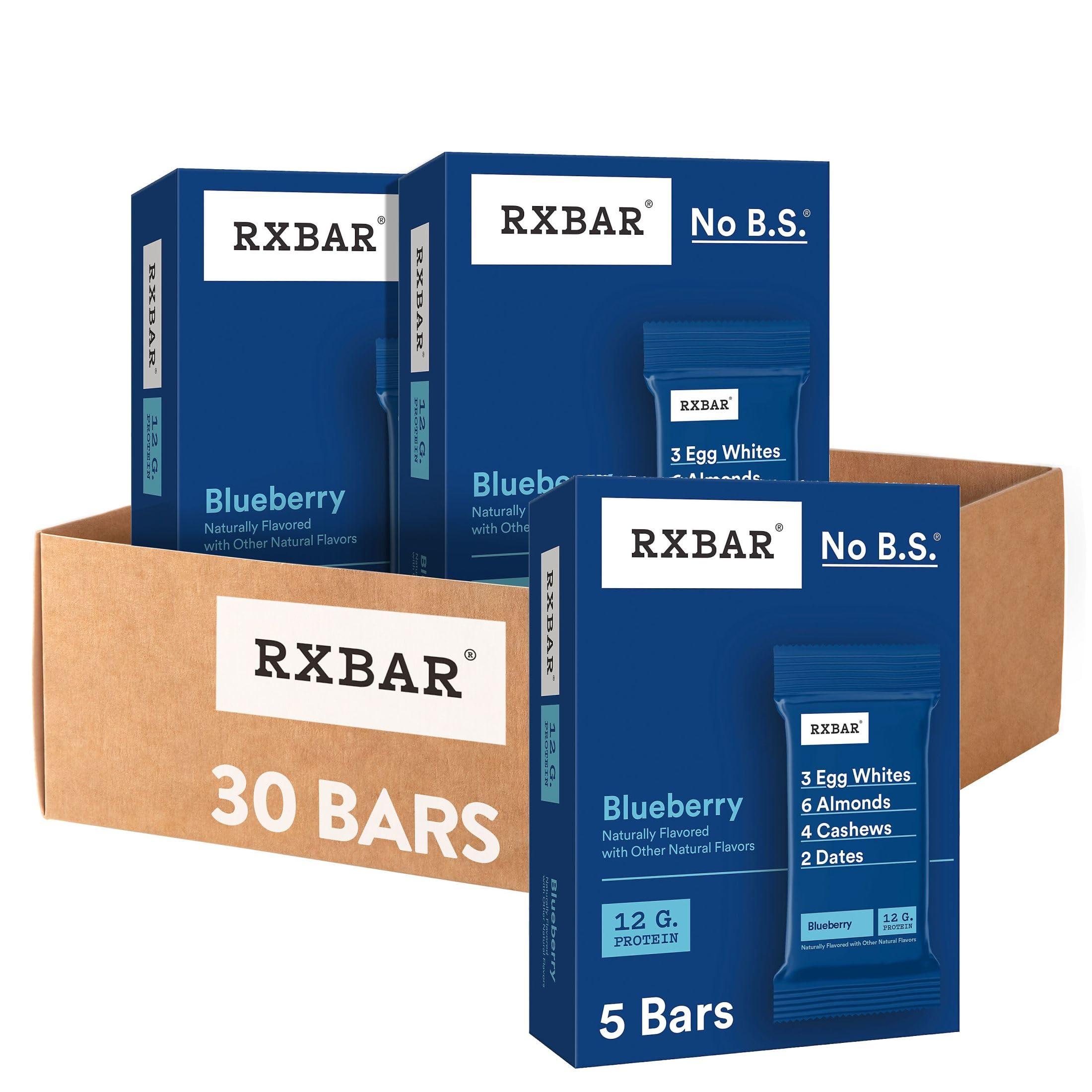 RXBAR Protein Bars - 12g Protein, Gluten Free, No Dairy, Non-GMO, Blueberry Flavor (6 Boxes, 30 Bars) | Healthy Snack for Workout, Hiking & On-the-Go Nutrition