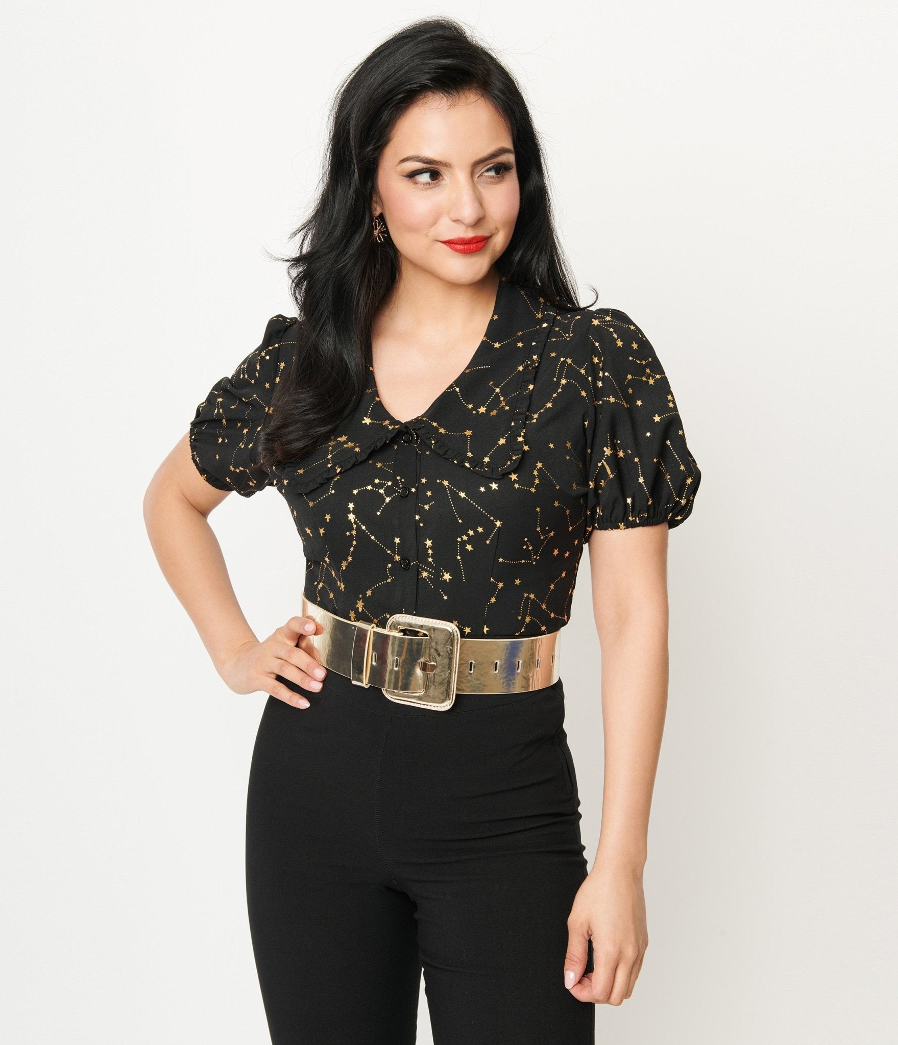 Vintage 1930s Black & Gold Star Print Oversized Collar Blouse - Retro Fashion for Women, Unique 1930s Style Shirt for Parties, Cosplay & Themed Events