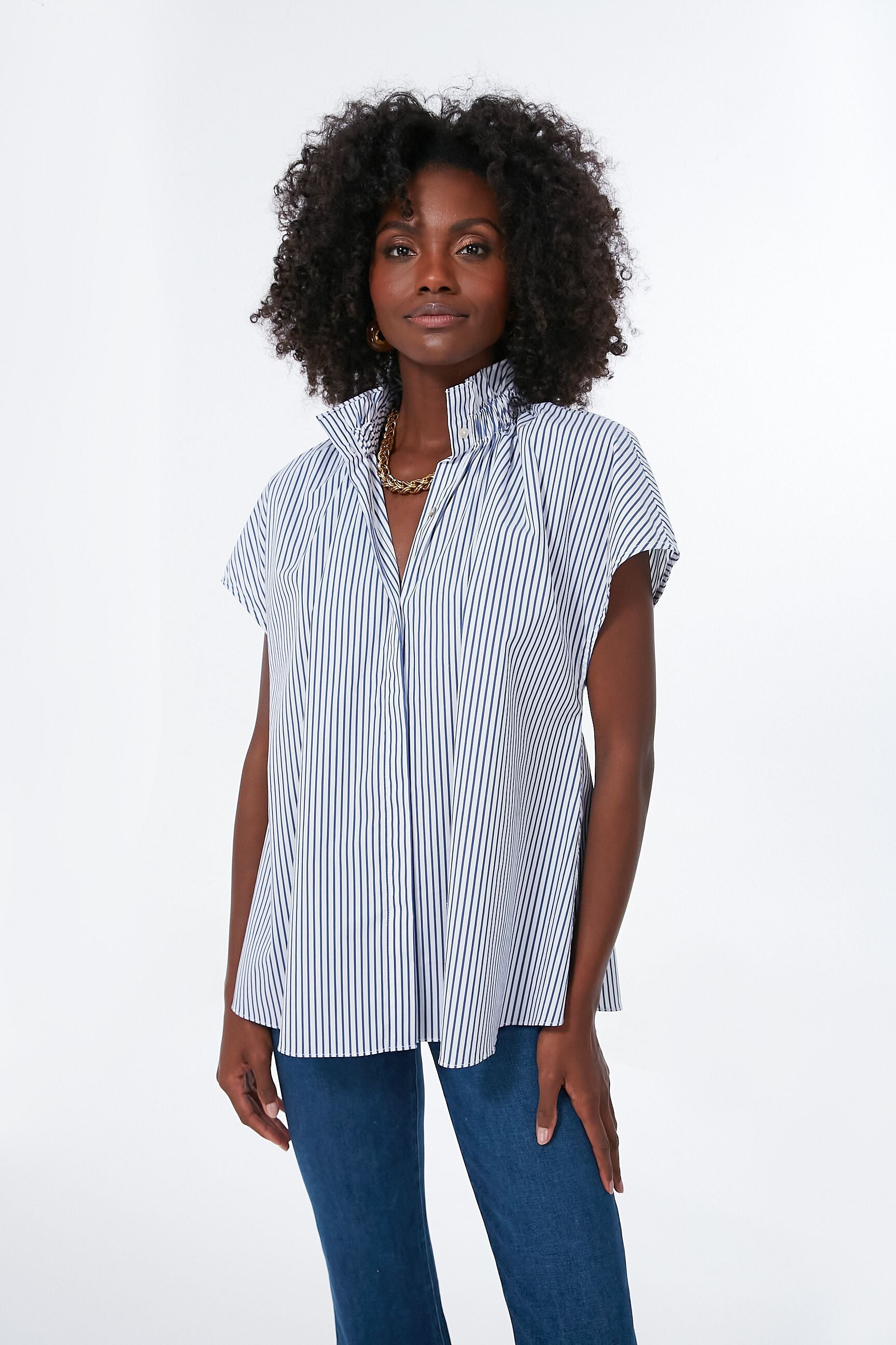 Blue Stripe Rae Blouse Women's Fashion Top - Casual & Office Wear for Everyday Style