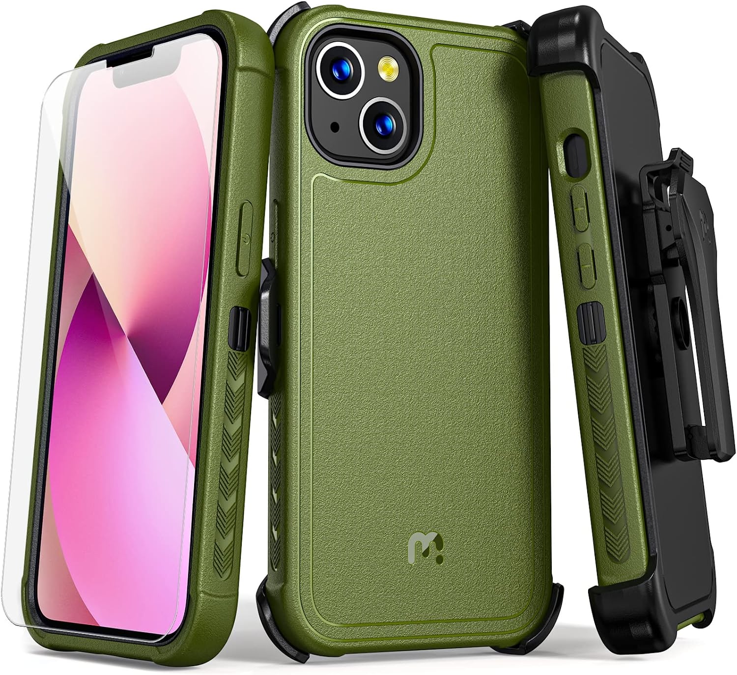 iPhone 14 Case with Belt Clip Holster & Tempered Glass Screen Protector | 6.1 Inch Heavy Duty Military Green | Perfect for Outdoor Activities & Daily Protection