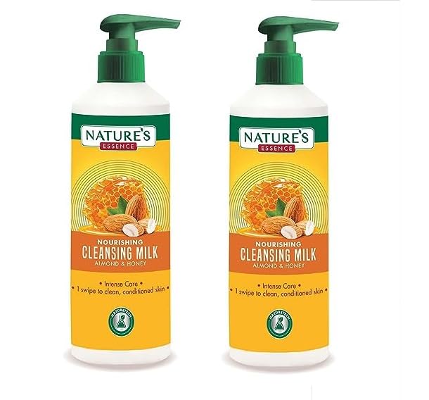 Nature's Essence Nourishing Cleansing Milk with Almond & Honey - 400ml (Pack of 2) | Intense Hydration, Zero Drying Formula for Dry & Sensitive Skin | Daily Face Wash & Makeup Remover for Gentle Cleansing