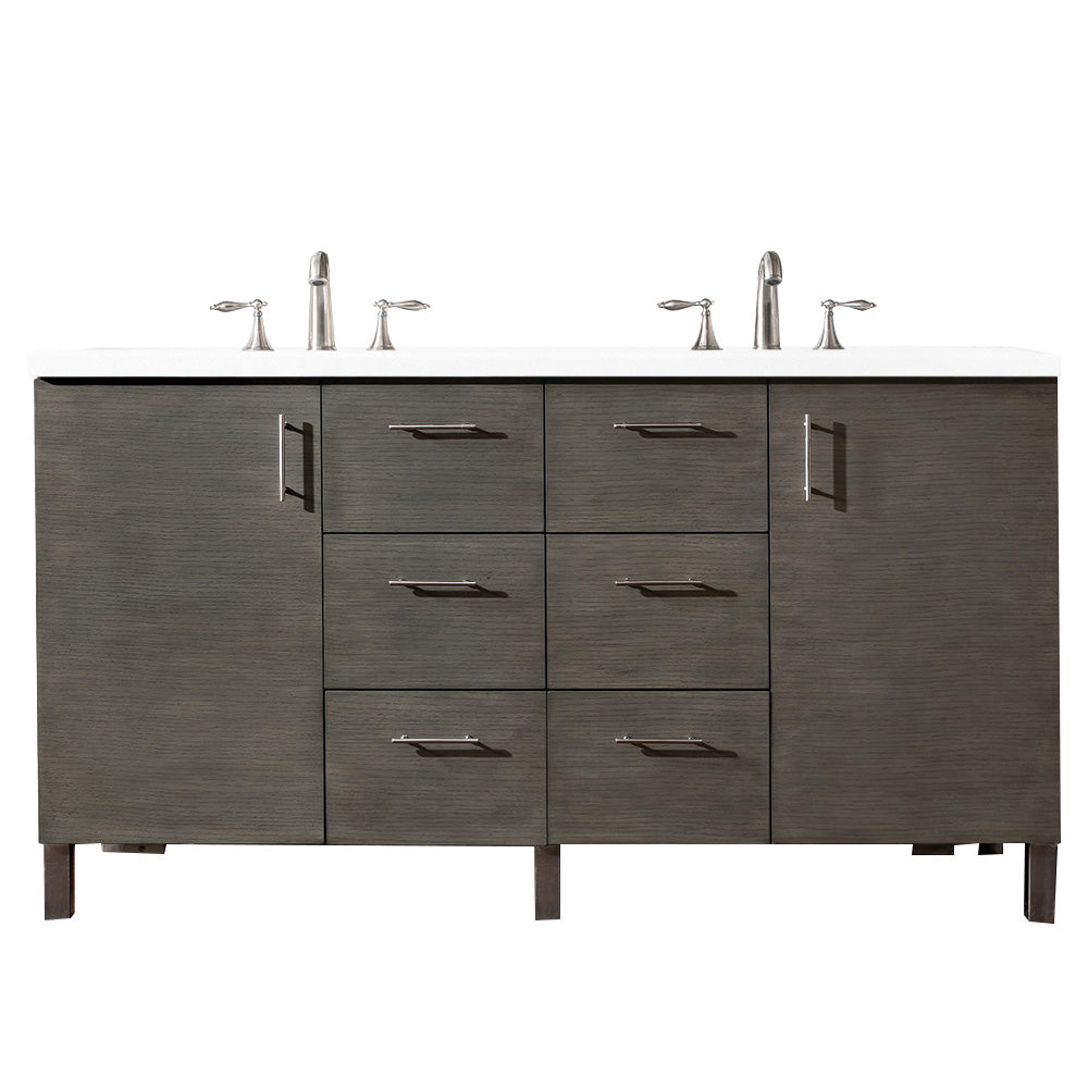 Metropolitan 60 Inch Double Bathroom Vanity with 3CM Classic White Quartz Countertop in Silver Oak Finish - Perfect for Master Bathroom & Modern Home Renovation