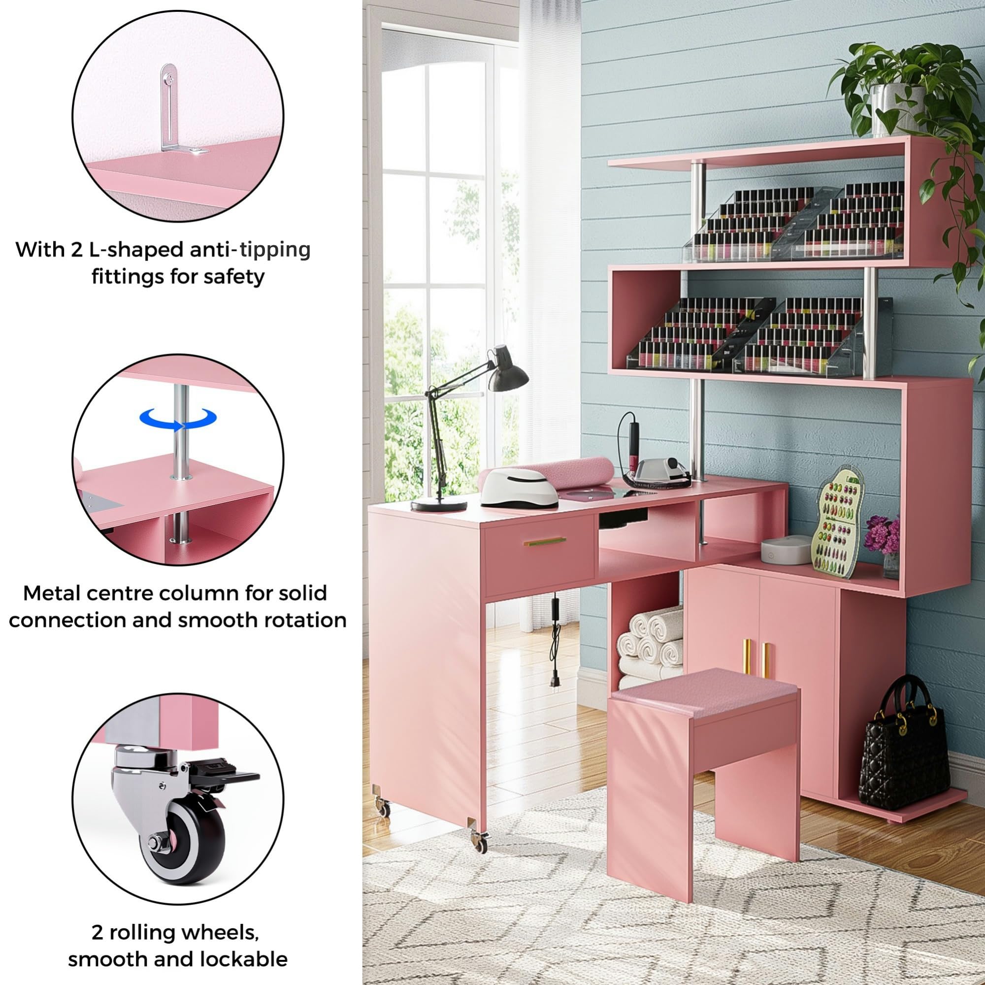 Professional L-Shaped Nail Tech Desk with Dust Collector - Manicure Table with Stool, 2-Way Drawers, Storage Cabinet & Shelves, Mobile Rotating Workstation for Salon & Home Use (Pink) - Perfect for Nail Artists, Beauty Technicians & DIY Enthusiasts