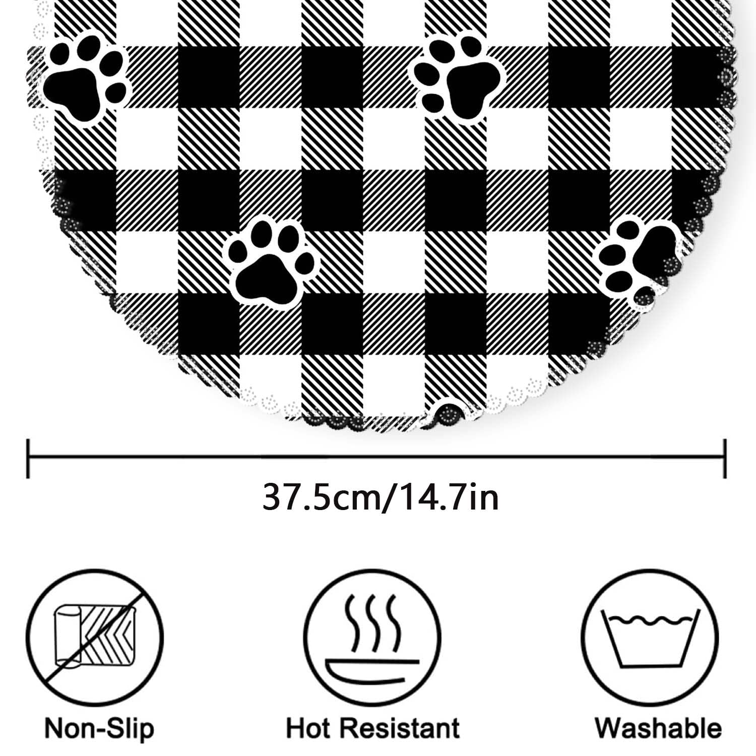 Round Washable Polyester Placemats Set of 4 - Heat Resistant Kitchen Table Mats with Black and White Plaid Dog Paw Design for Dining Room Decor | Perfect for Family Dinners, Pet-Friendly Homes, and Holiday Gatherings