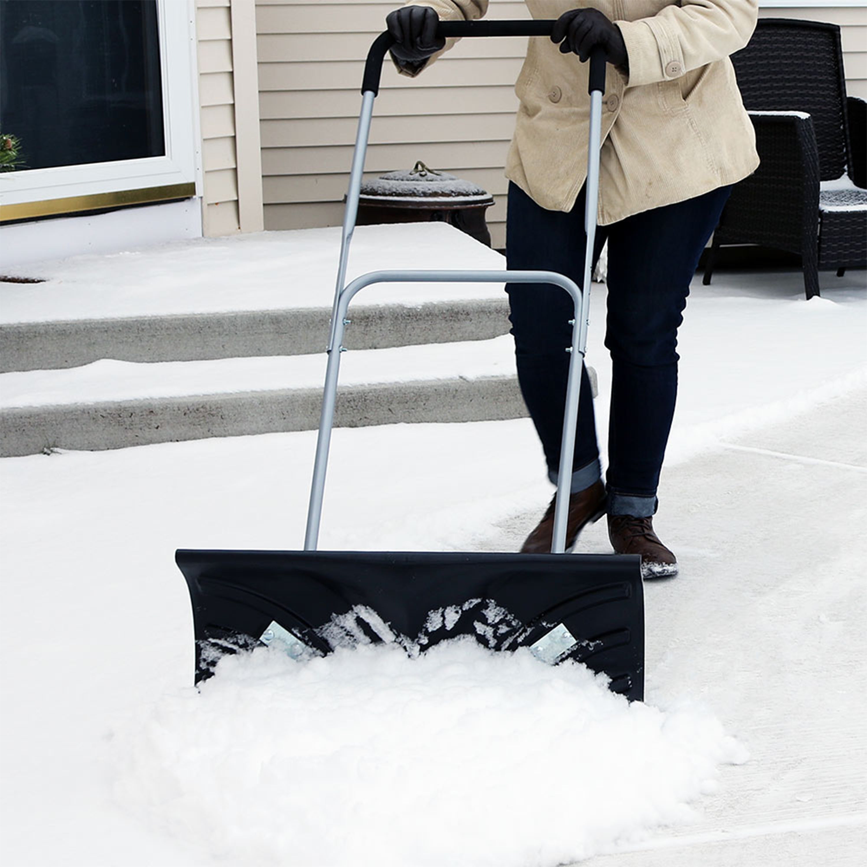 Heavy Duty Snow Shovel with Wheels - Adjustable Handle for Easy Snow Removal - Ideal for Driveways, Sidewalks & Winter Storms
