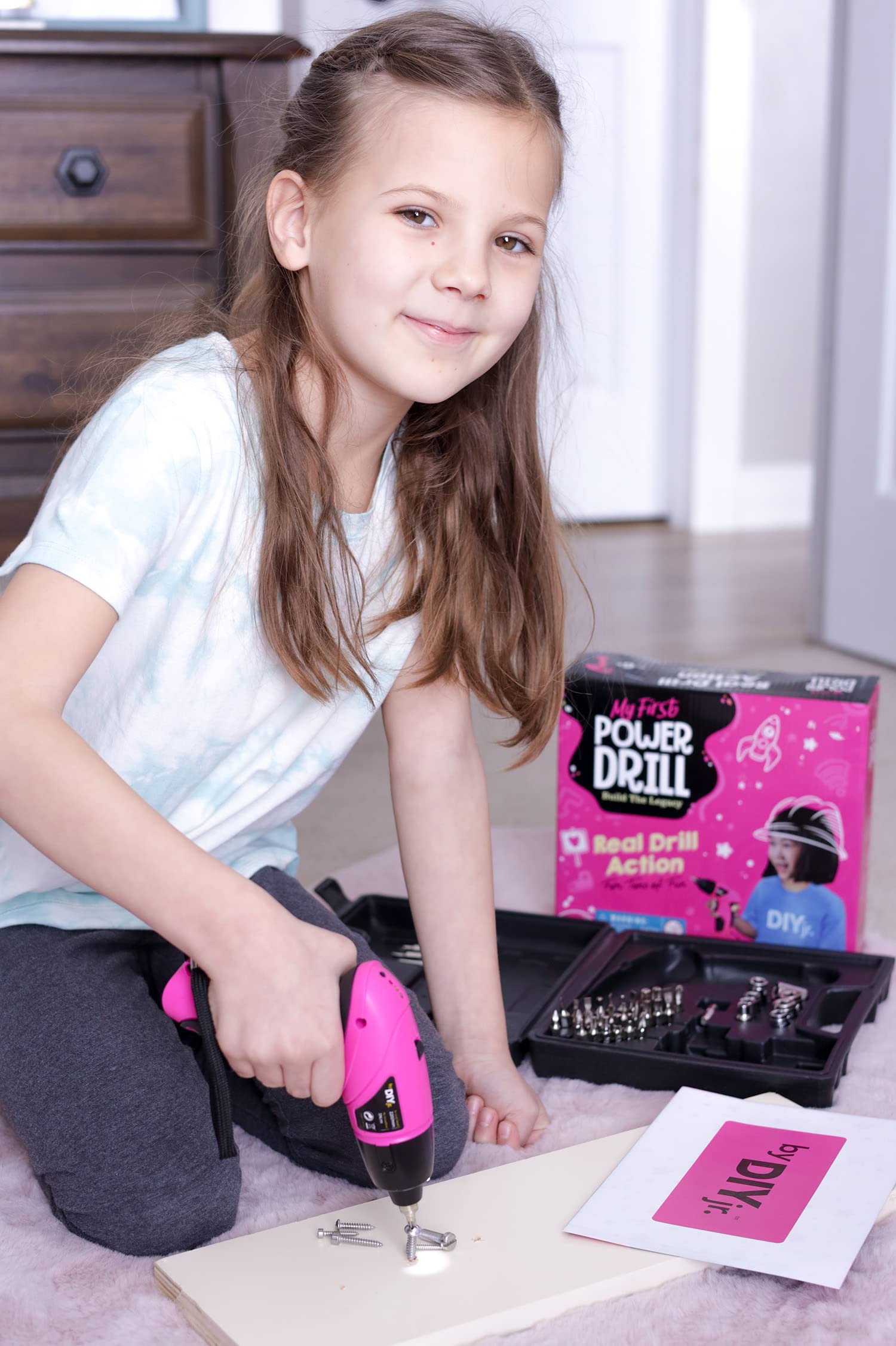 My First Power Drill for Kids - 60-Piece Rechargeable Cordless Pink Drill Set with LED Light & Carrying Case - STEM Learning & Construction Toy for Girls & Boys - Perfect for DIY Projects, Home Repairs & Pretend Play