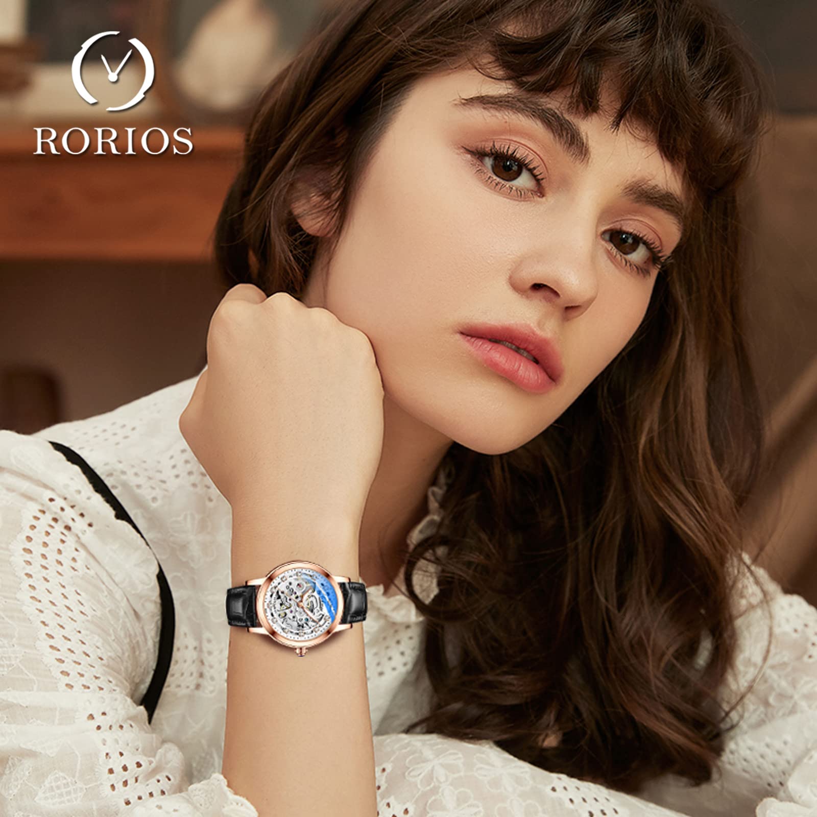 RORIOS Women's Automatic Self-Winding Mechanical Watch with Genuine Leather Strap, Tourbillon Design & Luminous Hands - Elegant Ladies Wristwatch for Business, Party & Everyday Wear