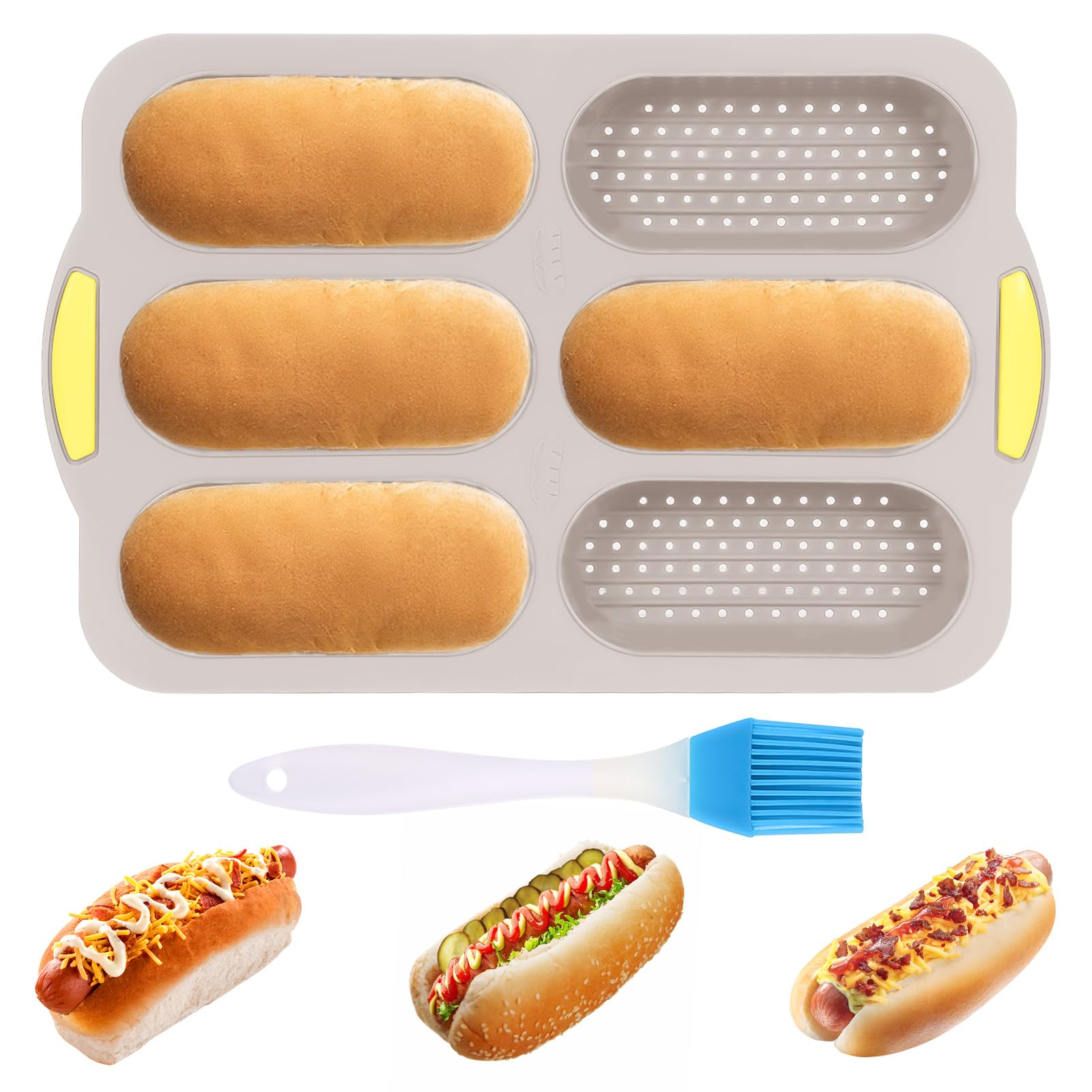 Nonstick Silicone Baguette Pan - 6-Cavity Perforated Baking Tray for French Bread, Hot Dog Buns & Sandwiches | Oven-Safe Bread Mold in Nordic Brown | Perfect for Home Baking, Restaurants & Bakeries