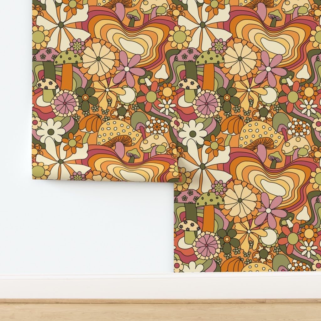 12ft x 2ft Removable Peel & Stick Wallpaper - Groovy Mushroom Garden Design | Self-Adhesive Wall Decor for Bedroom, Nursery & Living Room | Easy DIY Home Renovation by Spoonflower