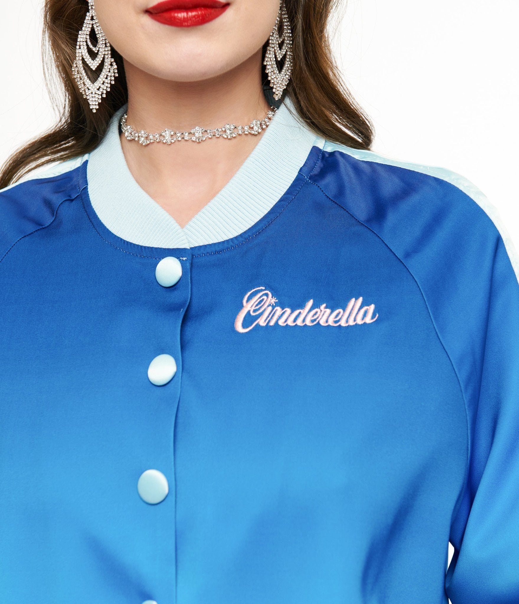 Disney Princess Cinderella Blue Ombre Long Sleeve Bomber Jacket by Unique Vintage | Women's Fashion Outerwear for Cosplay, Halloween & Disney Theme Parties