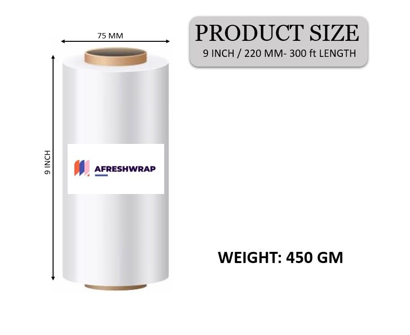 Afreshwrap 9 Inch x 1500 Ft Clear Stretch Film Roll - Heavy Duty Packaging Wrap for Moving, Shipping & Storage - Multipurpose Plastic Wrap for Food, Pallet & Industrial Use (1 Pack)