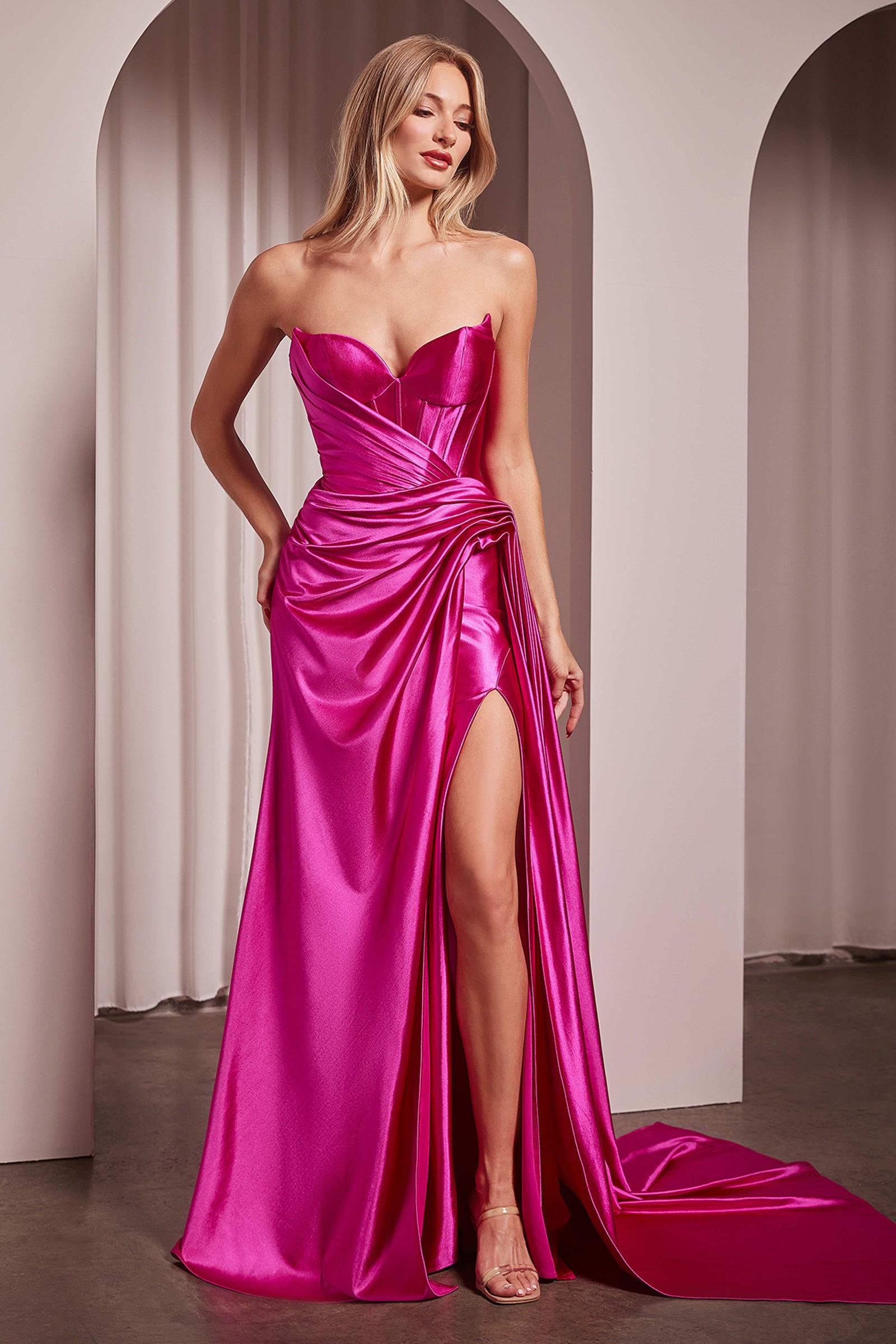 Elegant Strapless Fitted Structured Satin Evening Gown - Ondine Gown for Prom, Wedding & Formal Events