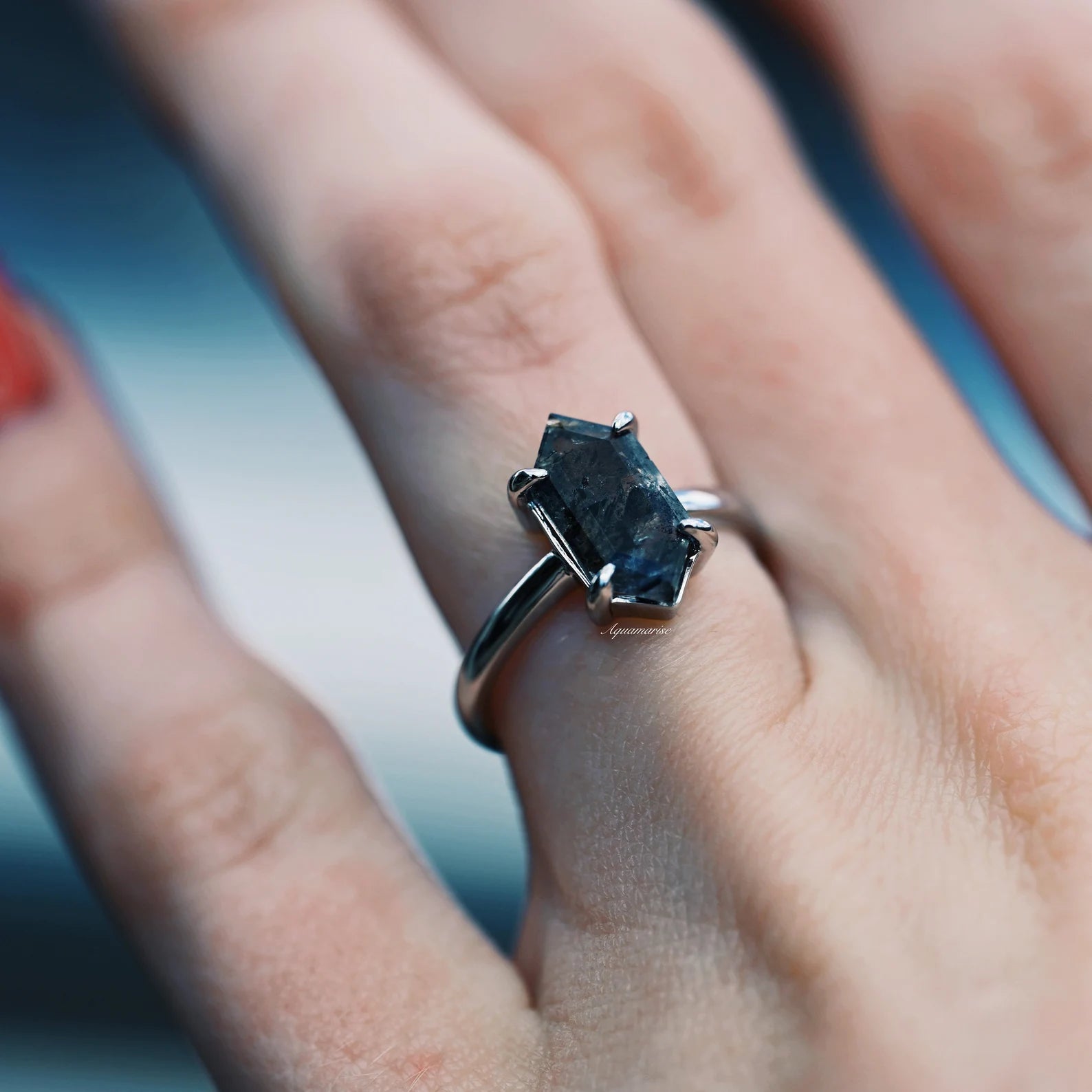 Hexagon Galaxy Raw Salt & Pepper Herkimer Diamond Ring - Sterling Silver Jewelry for Women, Unique Handmade Wedding Engagement Gift, Boho Hippie Style Accessory for Everyday Wear & Special Occasions