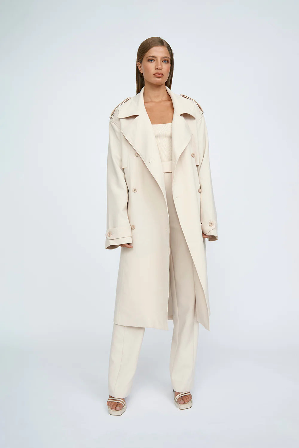 Blair Belted Trench Coat for Women - Classic Sand Color Long Coat with Belt - Perfect for Office, Fall Fashion & Rainy Days