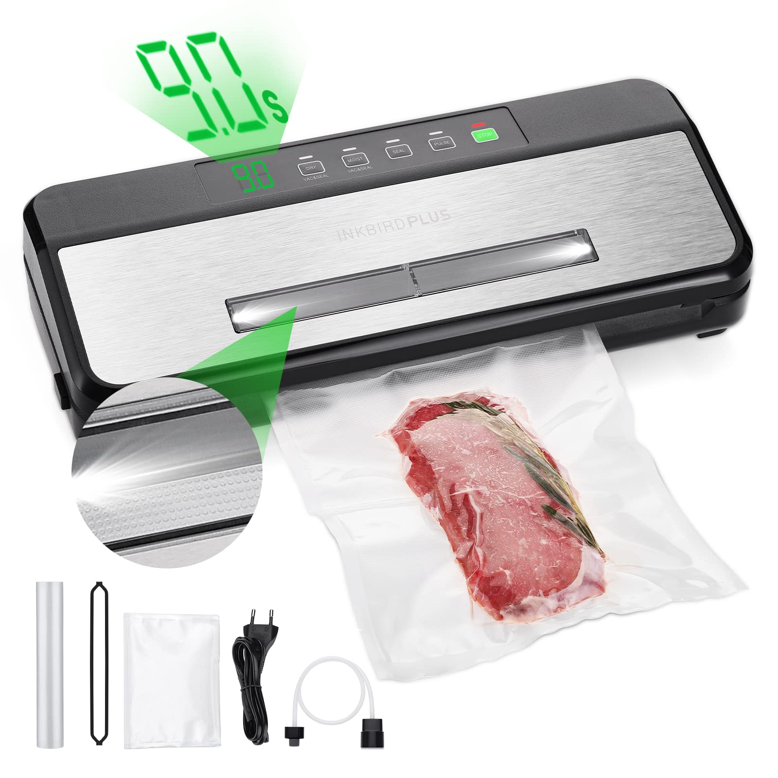 INKBIRD Compact Food Vacuum Sealer Machine with Sealing Countdown & Viewing Lid - 20Ft Roll Storage, Dry & Moist Modes, Includes Cutter, 1 Bag Roll & 5 Pre-cut Bags for Fresh Food Preservation - Perfect for Meal Prep, Sous Vide, Freezing & Long-Term Food Storage
