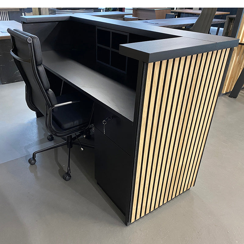 KENTO 240cm Modern Reception Desk with Timber Slat Acoustic Panel in Black & Oak - Perfect for Office Lobby, Hotel Front Desk, and Corporate Waiting Areas