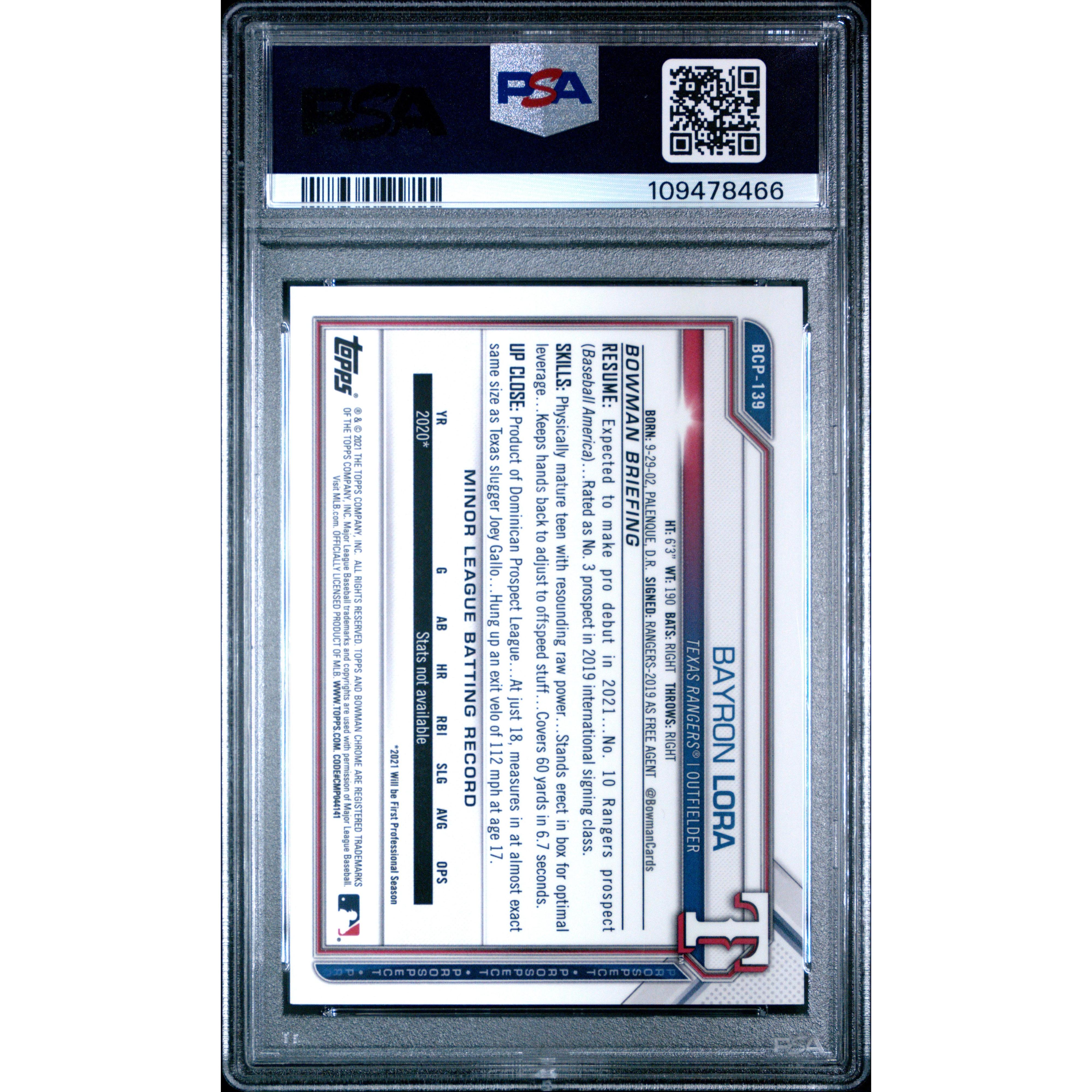 2021 Bowman Chrome Baseball Card - Bayron Lora Speckle Refractor BCP139 PSA 9 Gem Mint | Rare Sports Collectible for Investors & Fans