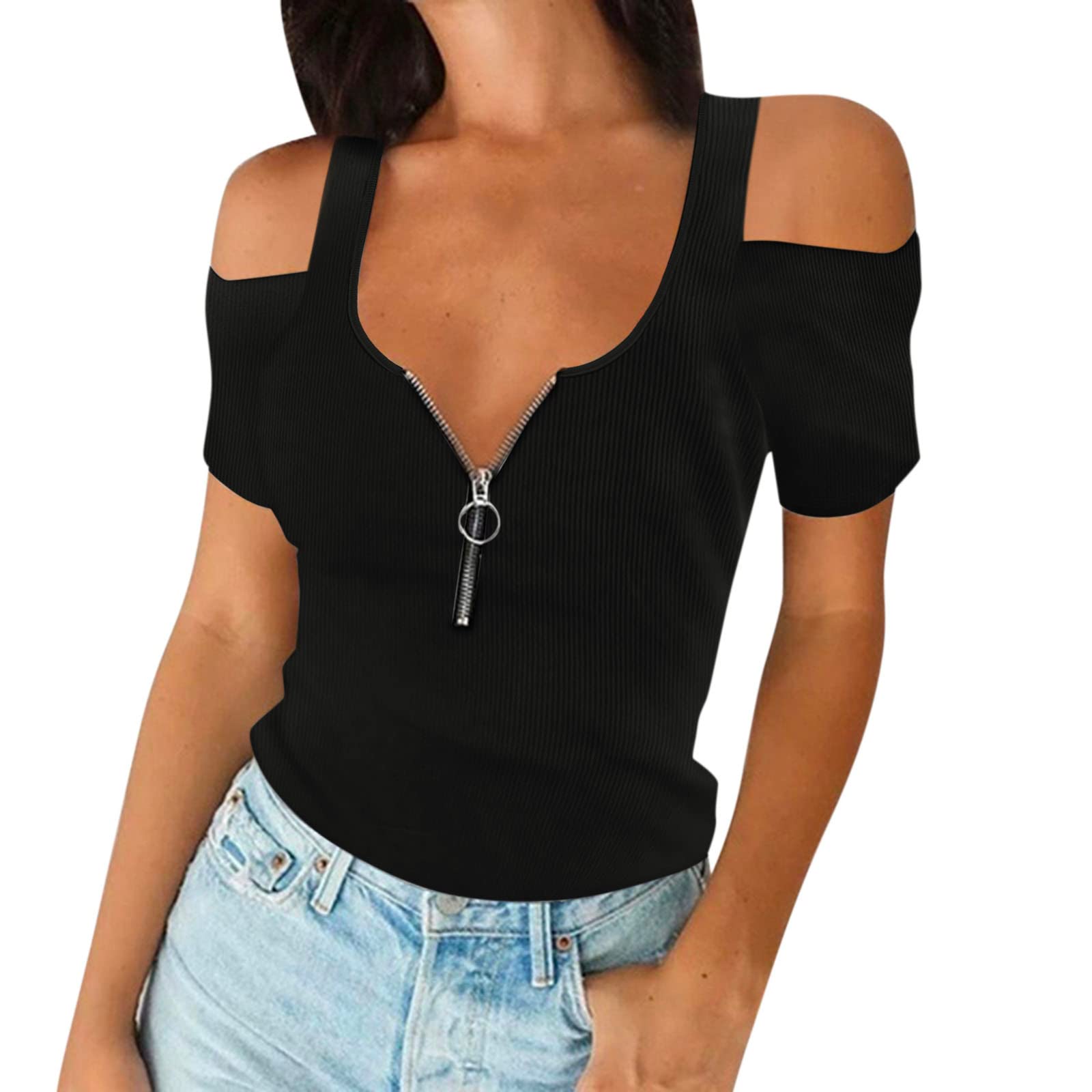 Women's Summer Fashion Short Sleeve Off Shoulder Blouse - Solid Color Casual Top (Black, Small) | Perfect for Beach Outings, Date Nights & Office Wear