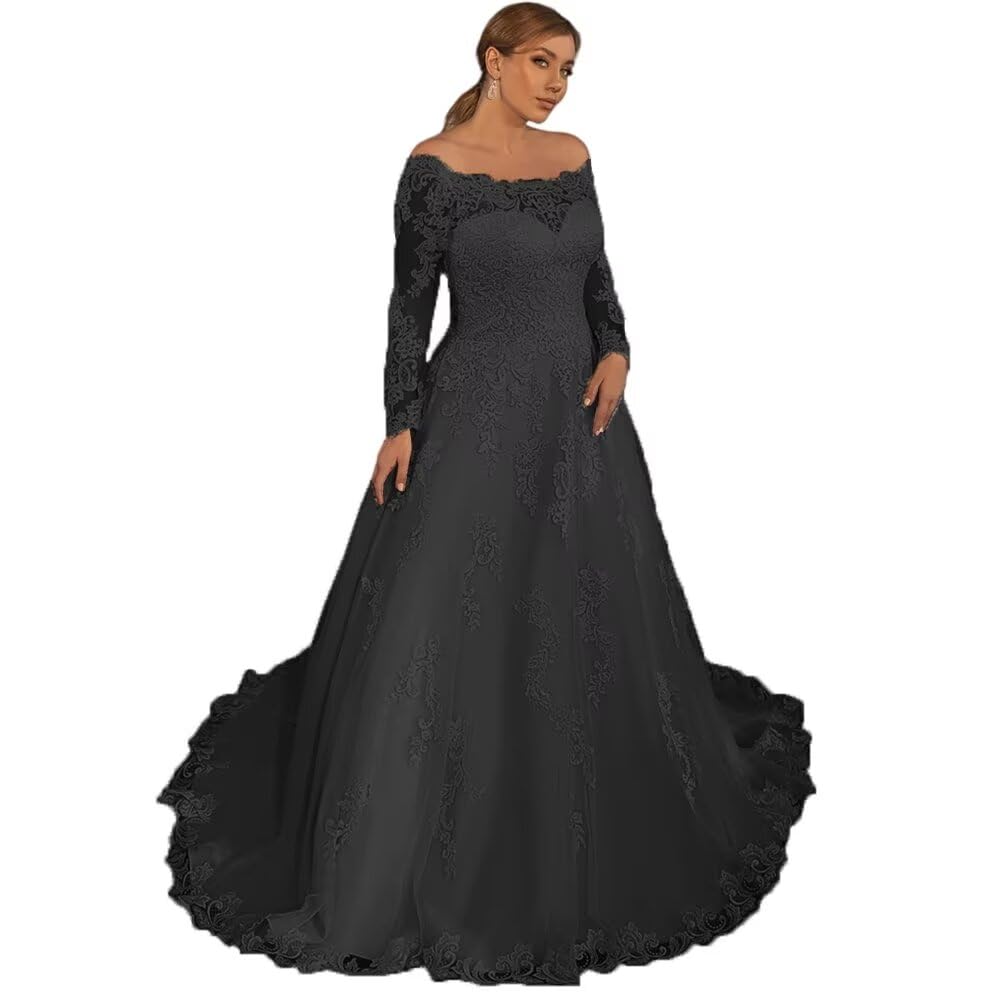 XYAYE Long Sleeve Lace Wedding Dress for Bride - Puffy Tulle Off Shoulder Bridal Gown for Women | Elegant Church Ceremony & Beach Wedding Dress