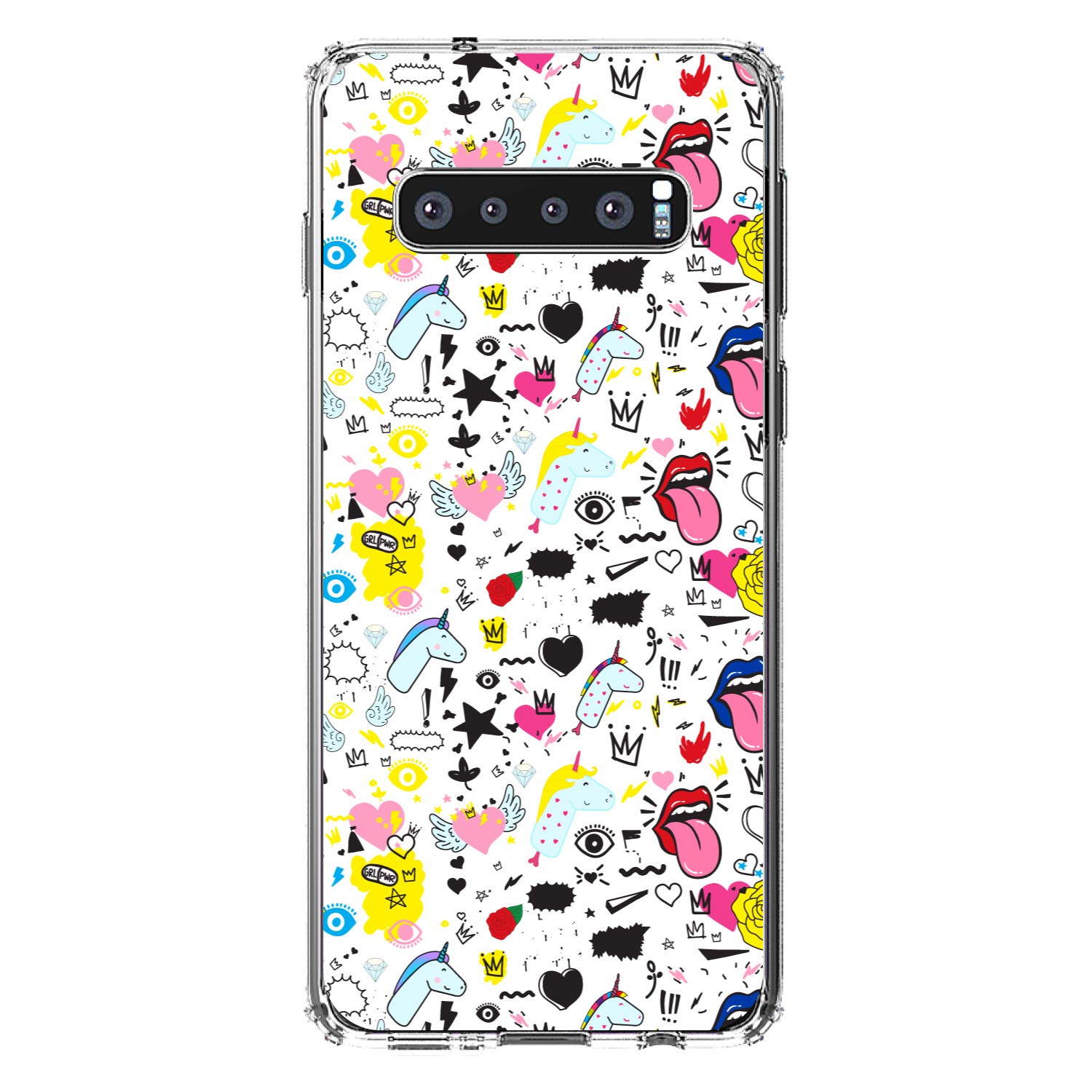 DistinctInk Clear Shockproof Hybrid Case for Samsung Galaxy S10 (6.1 Inch) - TPU Bumper & Acrylic Back with Tempered Glass Screen Protector - Unicorn Crown Design - Perfect for Girls, Teens & Women - Ideal for School, Work & Everyday Protection