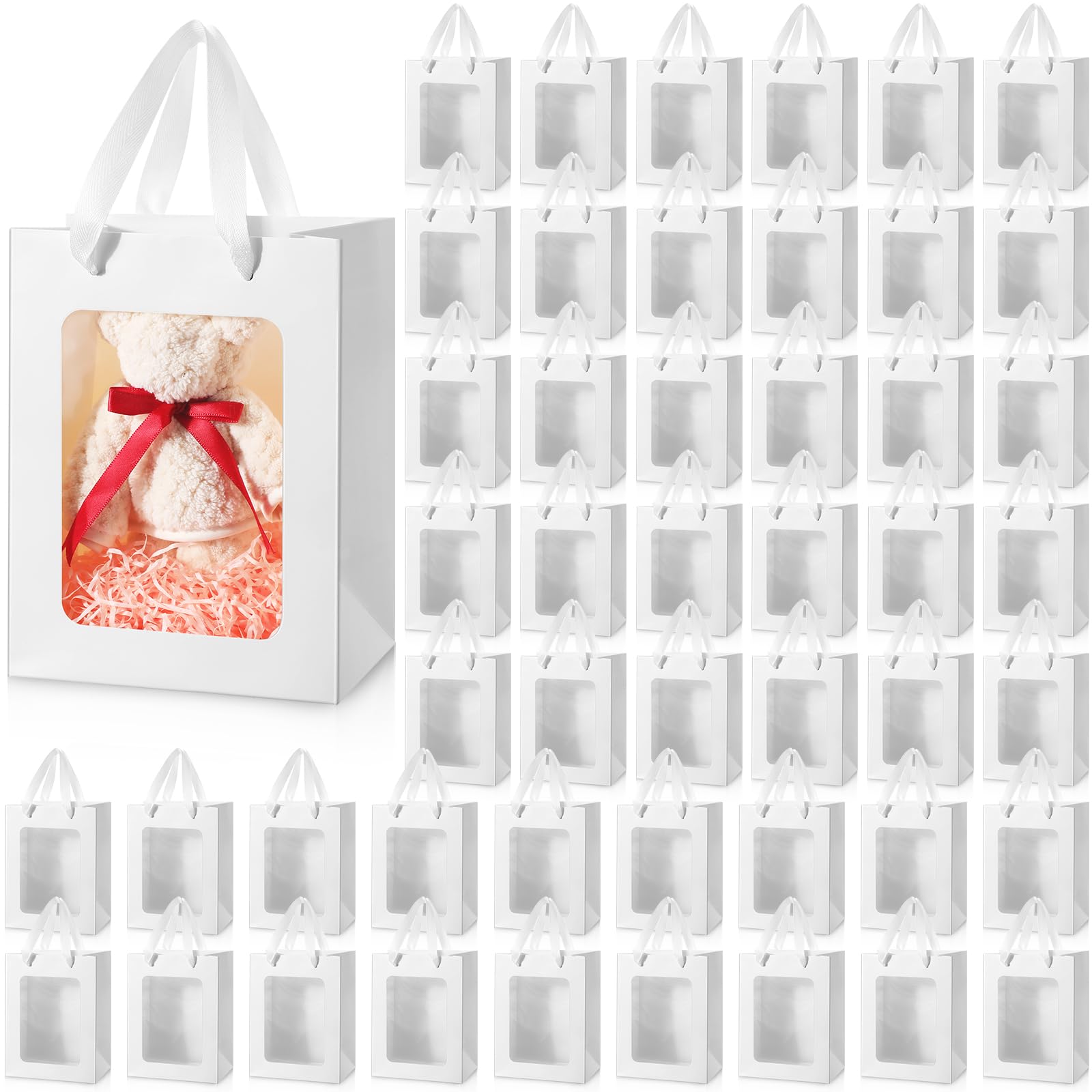 Harloon 48-Piece Kraft Paper Gift Bags with Clear Window - 7.9 x 5.9 x 3.9 Inches, White - Perfect for Bridal Showers, Baby Showers, Birthday Parties & Mother's Day Gifts | Eco-Friendly Party Favors & Wedding Favor Bags