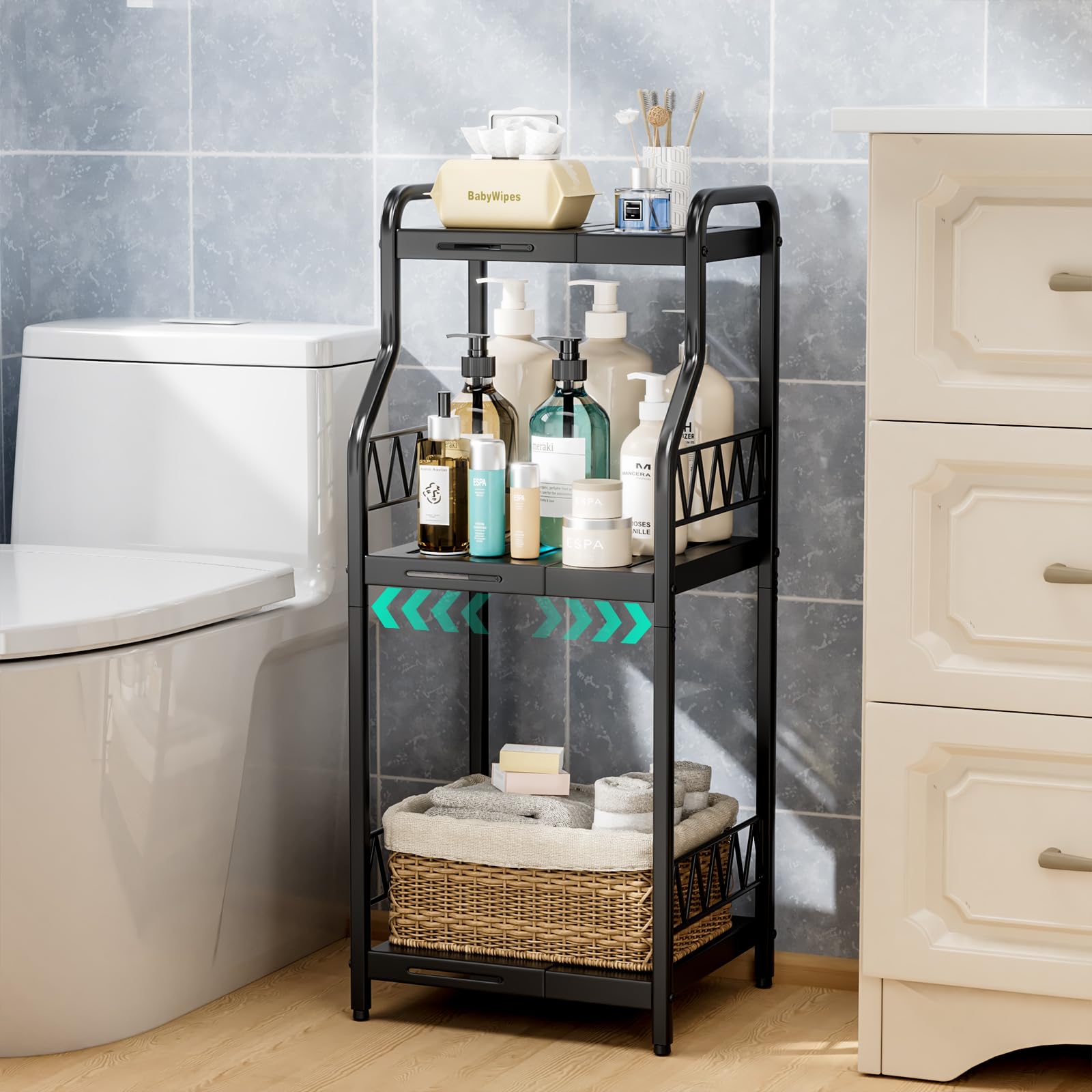 HapiRm 3-Tier Expandable Narrow Bathroom Shelf Organizer - Free Standing Metal Storage Rack for Bathroom, Kitchen & Laundry - Space Saving Slim Cabinet for Toiletries, Towels & Cleaning Supplies (Black) - Perfect for Small Spaces & Apartment Organization