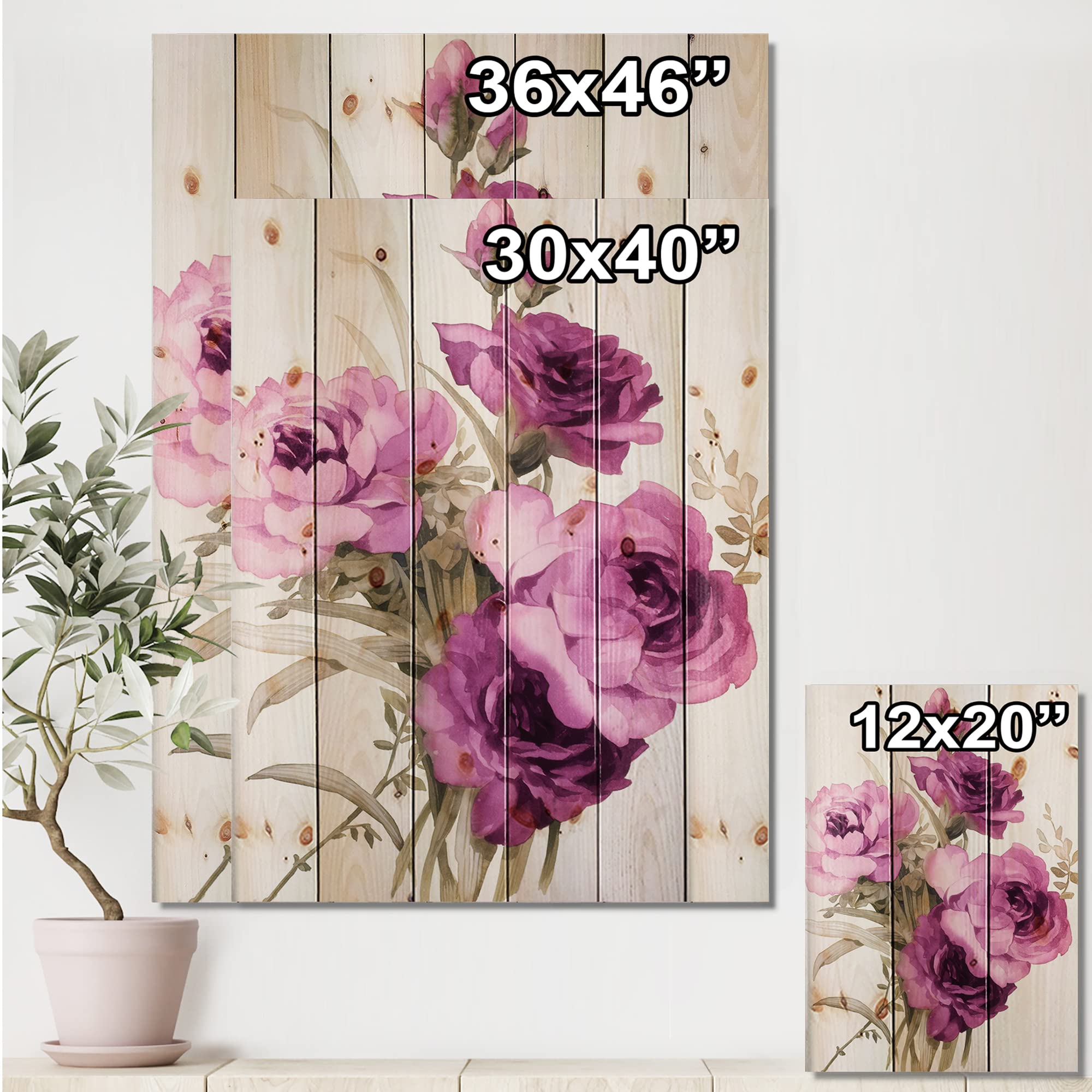 DesignQ Dark Pink Roses Traditional Wood Wall Decor - Purple Floral Wood Wall Art Panel, Large Pine Wood Wall Hanging for Living Room, Bedroom & Home Decor