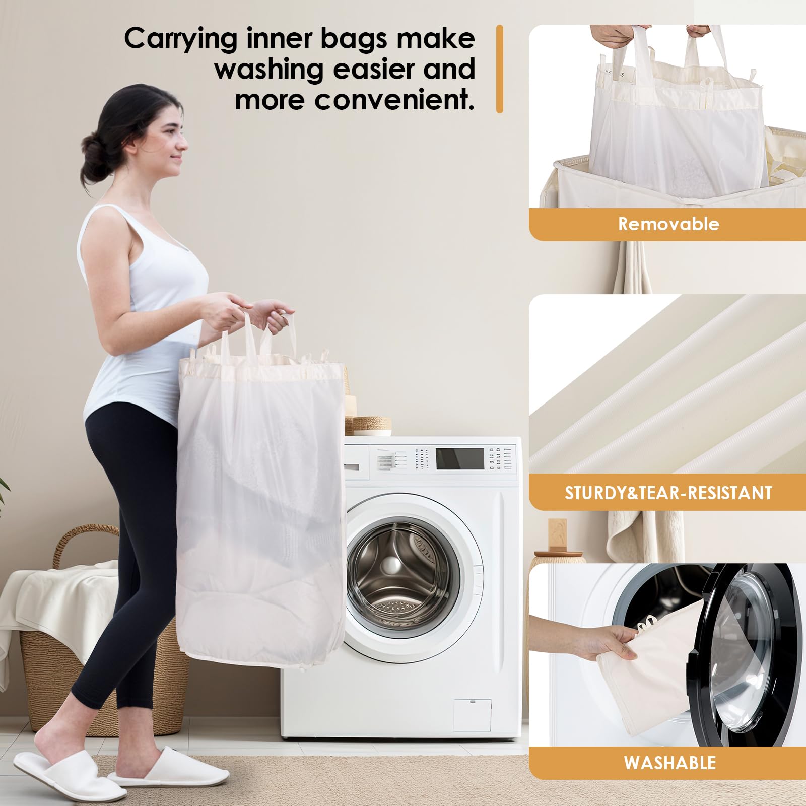135L Double Laundry Hamper with Lid & Removable Bags - 2 Section Laundry Basket with Labels for Clothes Separation - Large Beige Laundry Organizer for Bedroom, Laundry Room & Dorm - Perfect for Family Laundry Sorting & Space Saving Storage