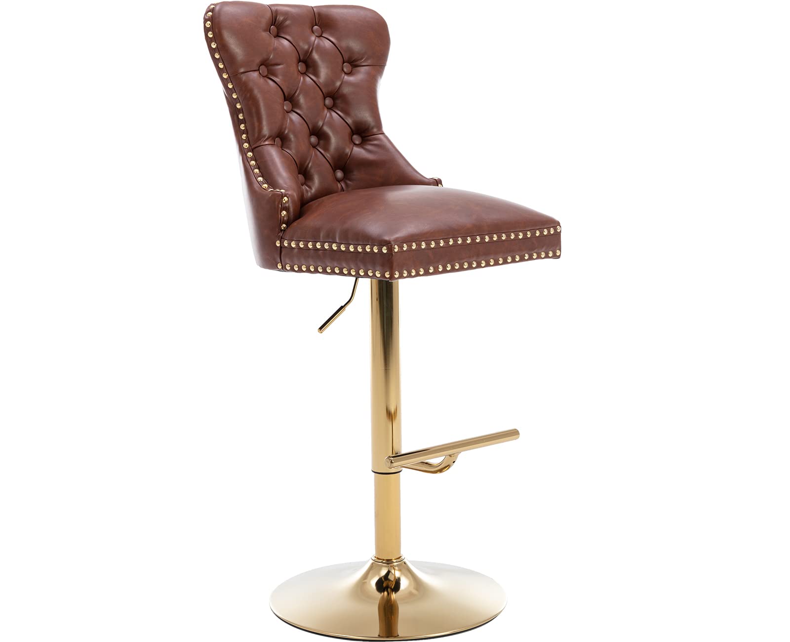 Adjustable Height Tufted PU Leather Swivel Bar Stool with Golden Base & Footrest - Perfect for Kitchen, Home Bar, Club & Restaurant (Brown, 1PC)