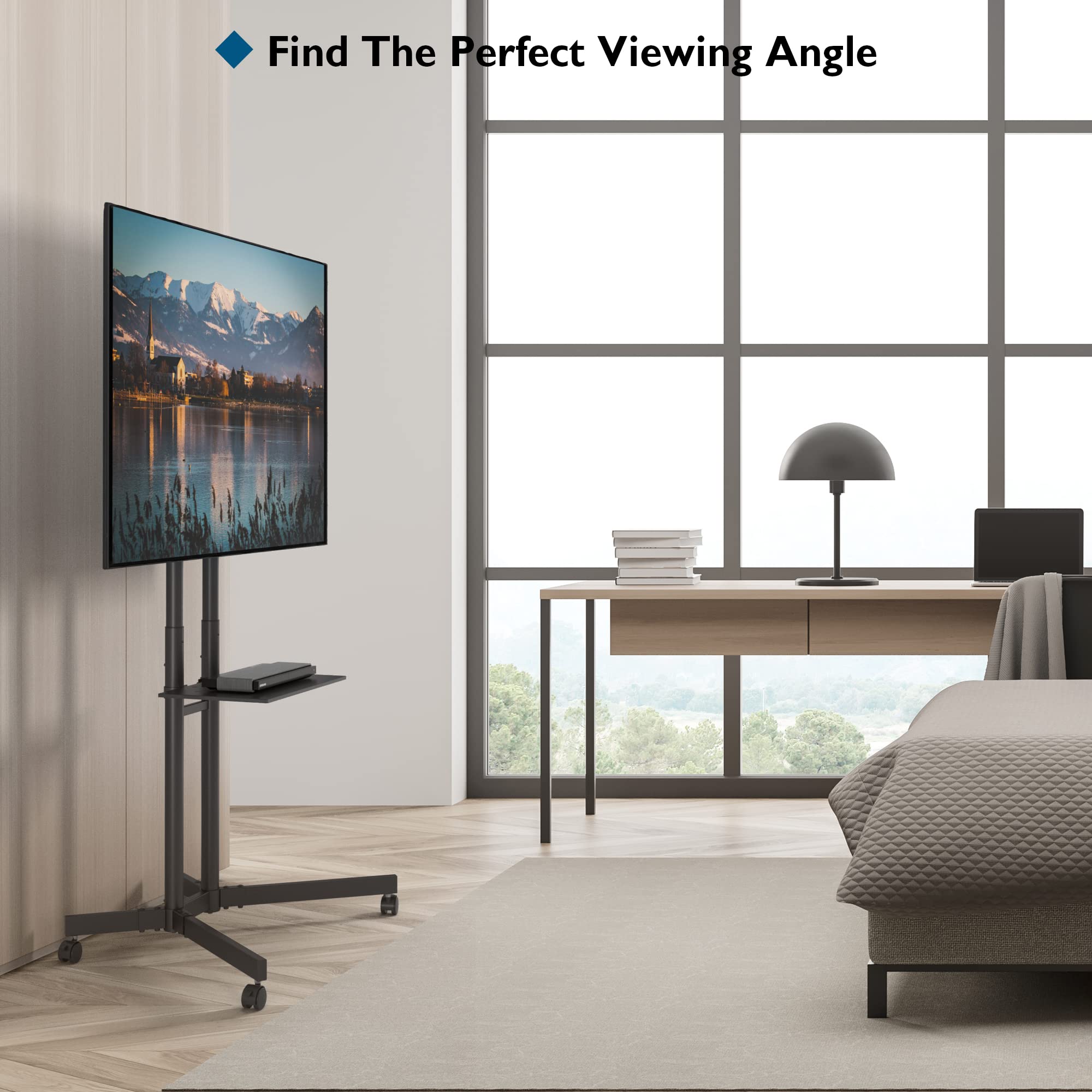 BONTEC Mobile TV Stand Cart with Locking Wheels - Adjustable Height TV Floor Stand for 32-85 Inch LED, LCD, OLED Flat & Curved Screens - Max VESA 600x400mm & 132lbs Capacity - Includes Laptop Shelf - Perfect for Living Room, Bedroom, Office & Classroom (Black)