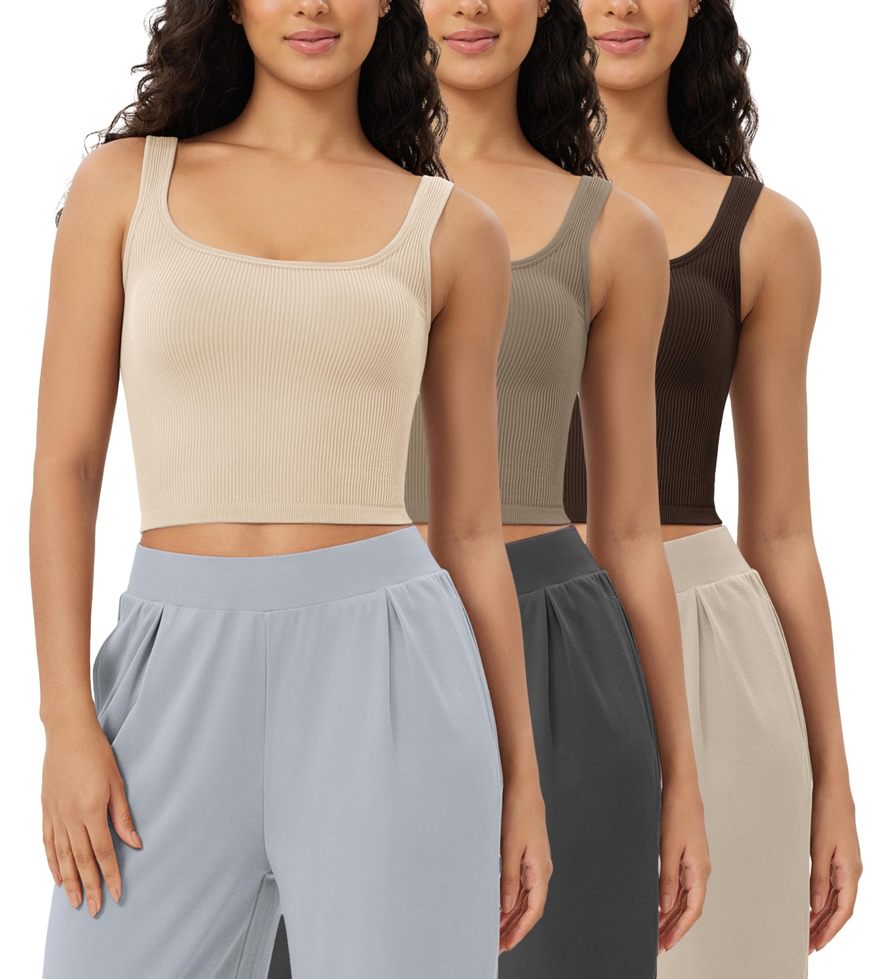 ODODOS 3-Pack Women's Seamless Square Neck Crop Tops - Ribbed Knit Soft Low Back Tank Tops for Yoga, Gym & Summer Outfits