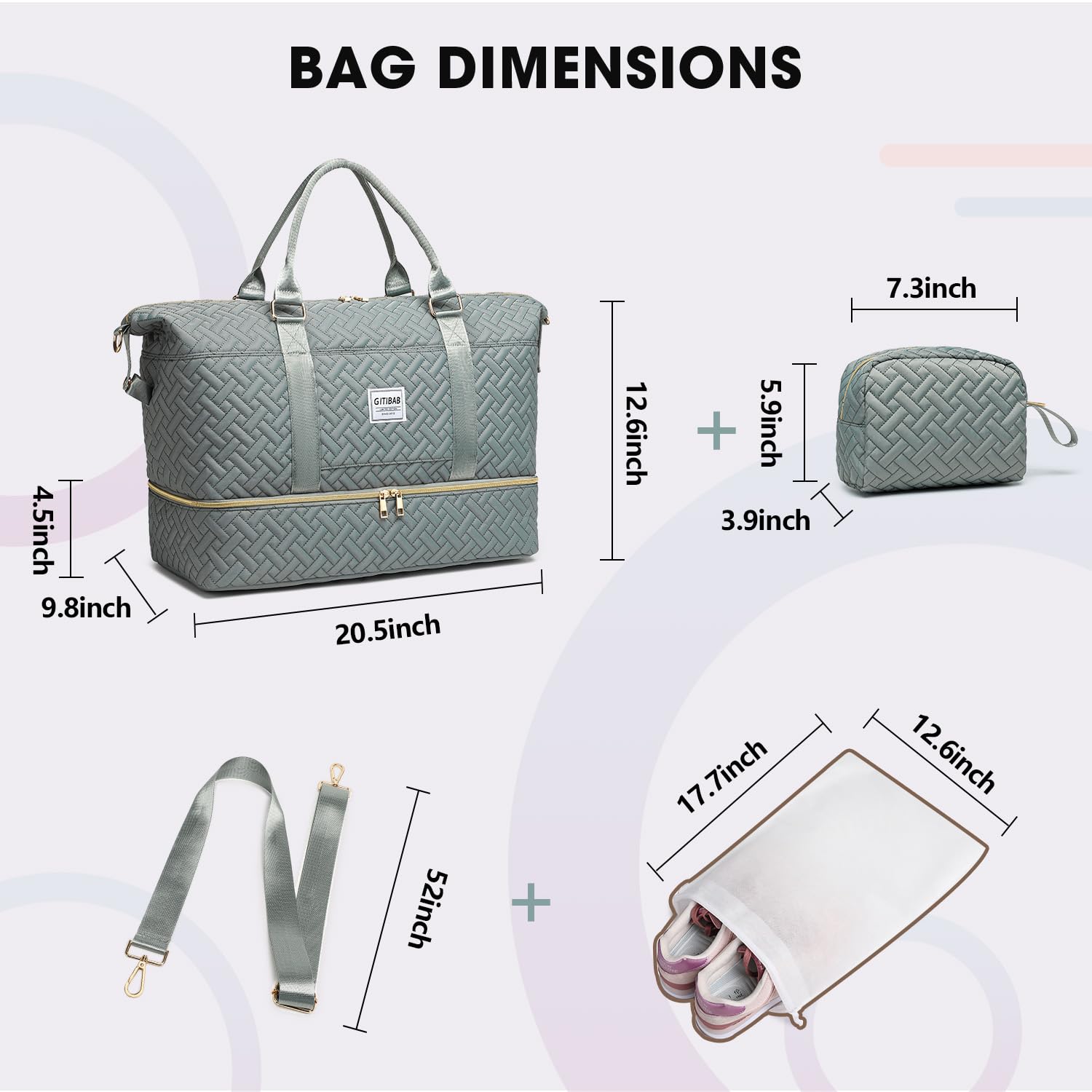Women's 50L Quilted Duffle Bag - Large Travel Weekender with Shoe Compartment | Carry-On Overnight Gym Tote Bag for Workouts, Weekend Trips & Air Travel
