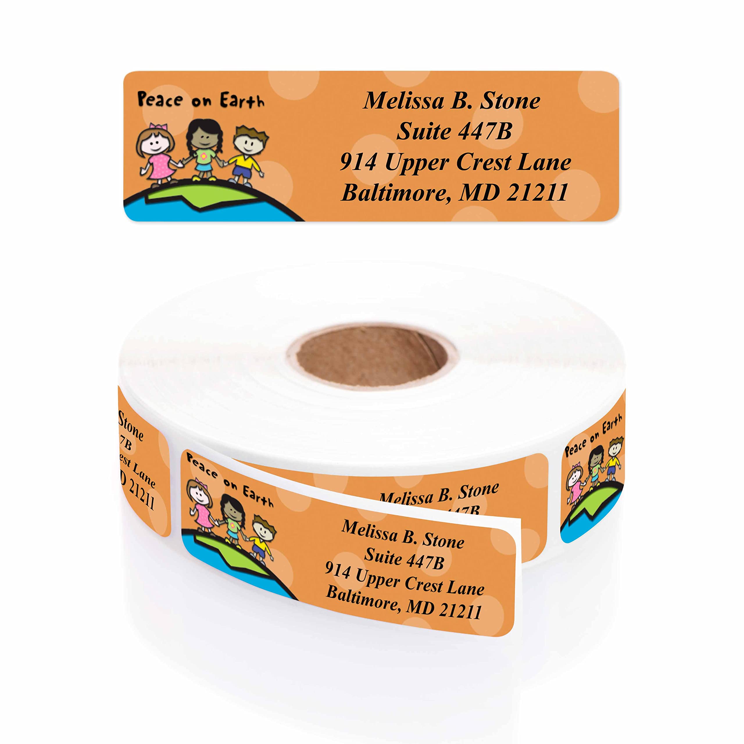Elegant Designer Rolled Address Labels with Plastic Dispenser - Perfect for Wedding Invitations, Business Mail & Holiday Cards - Hands Around The World